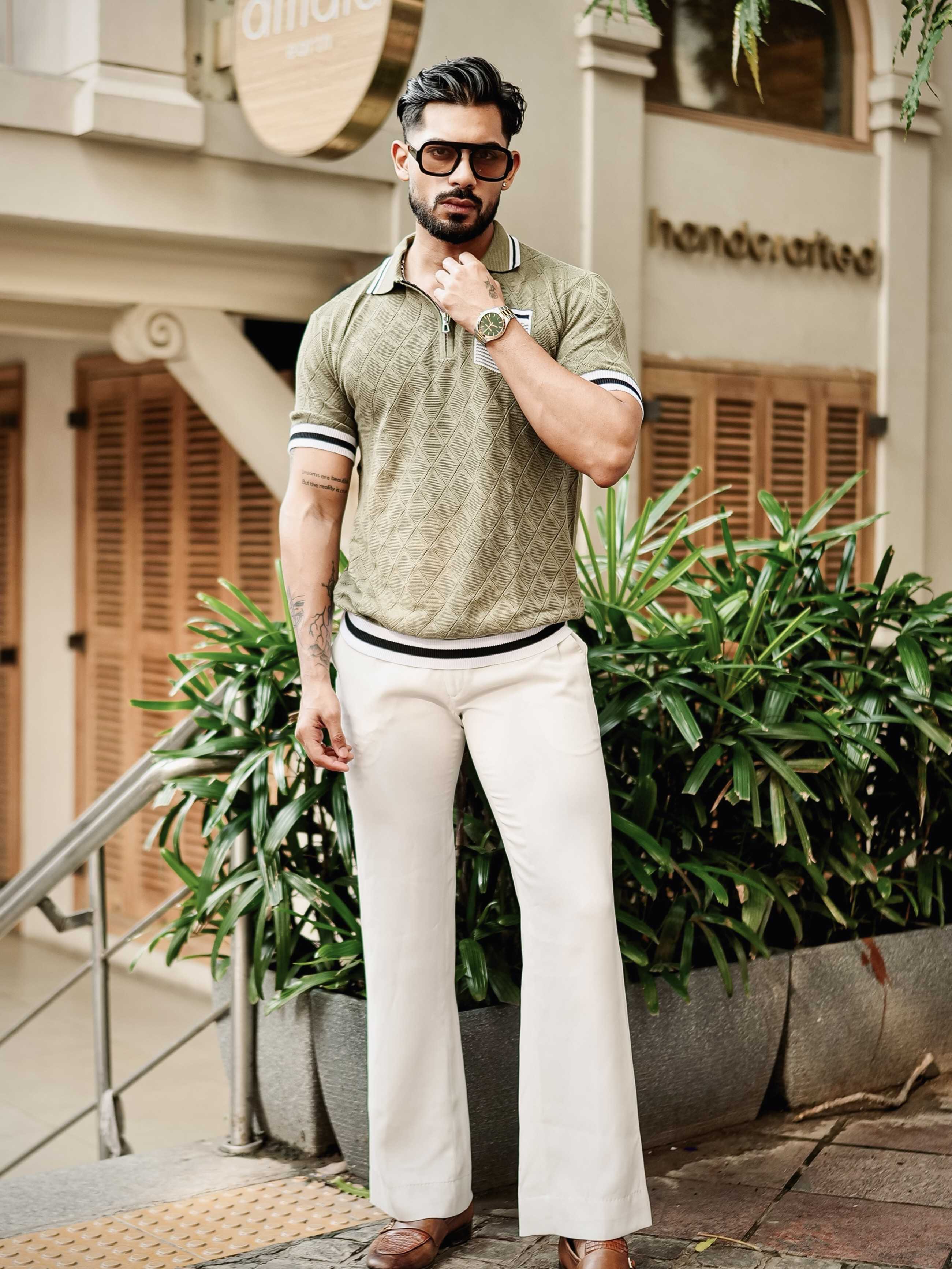 FOOMER GREEN HALF SLEEVE KNITTED TSHIRT FOR MEN'S