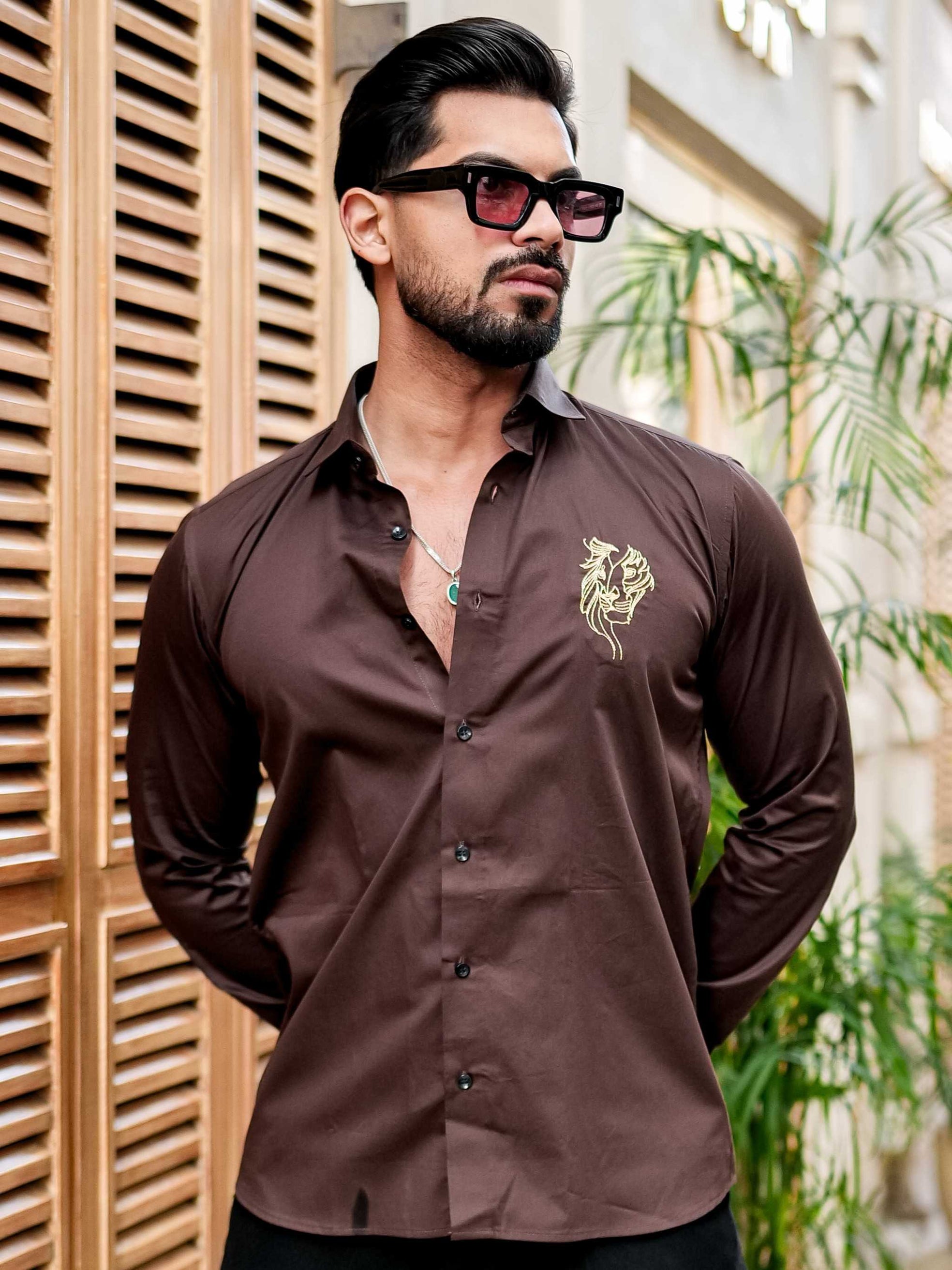 Brown Club Wear Embroidery Satin Cotton Shirt