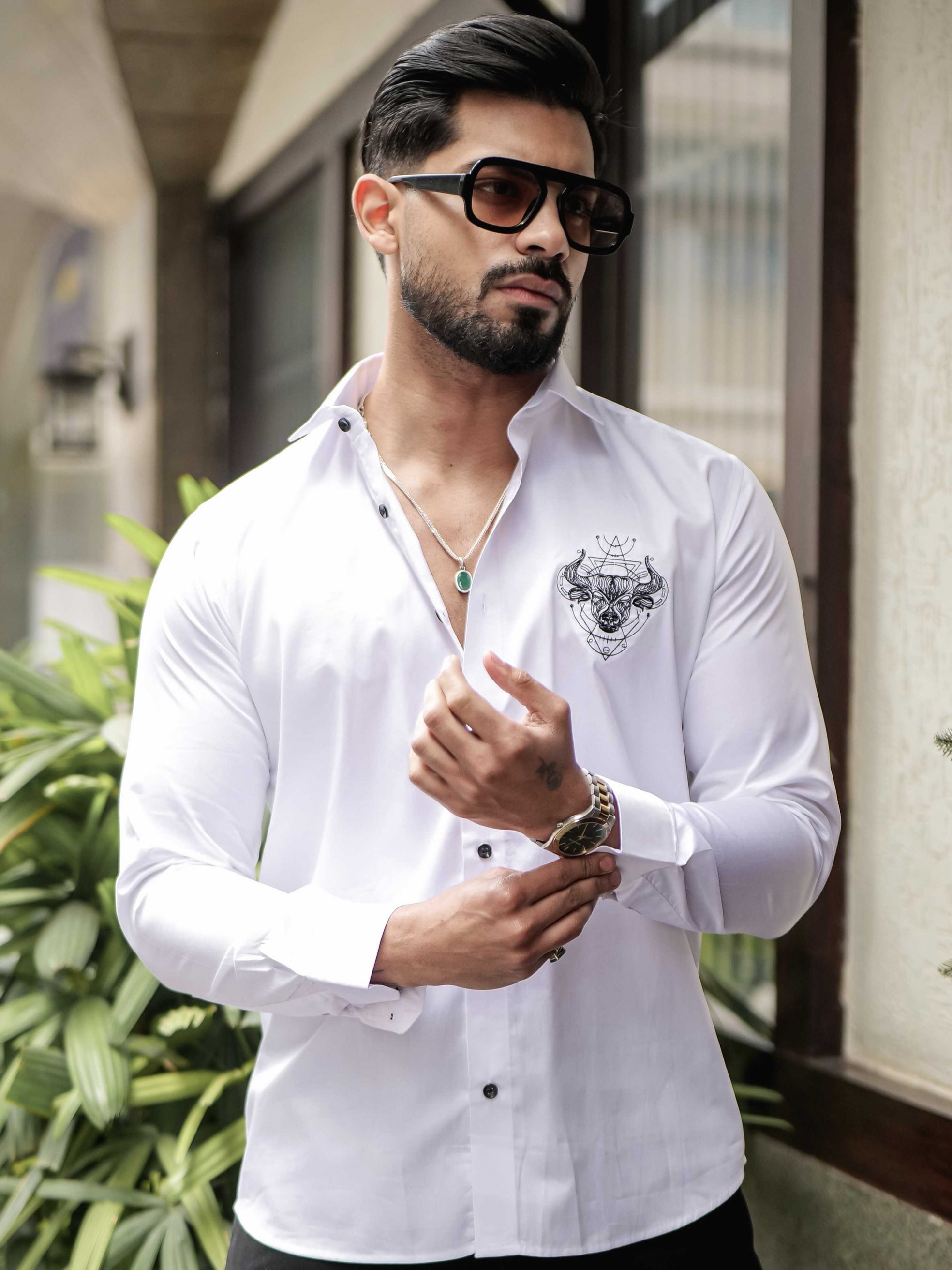 WHITE EMBROIDERED DESIGNER SATIN COTTON SHIRT FOR MEN'S