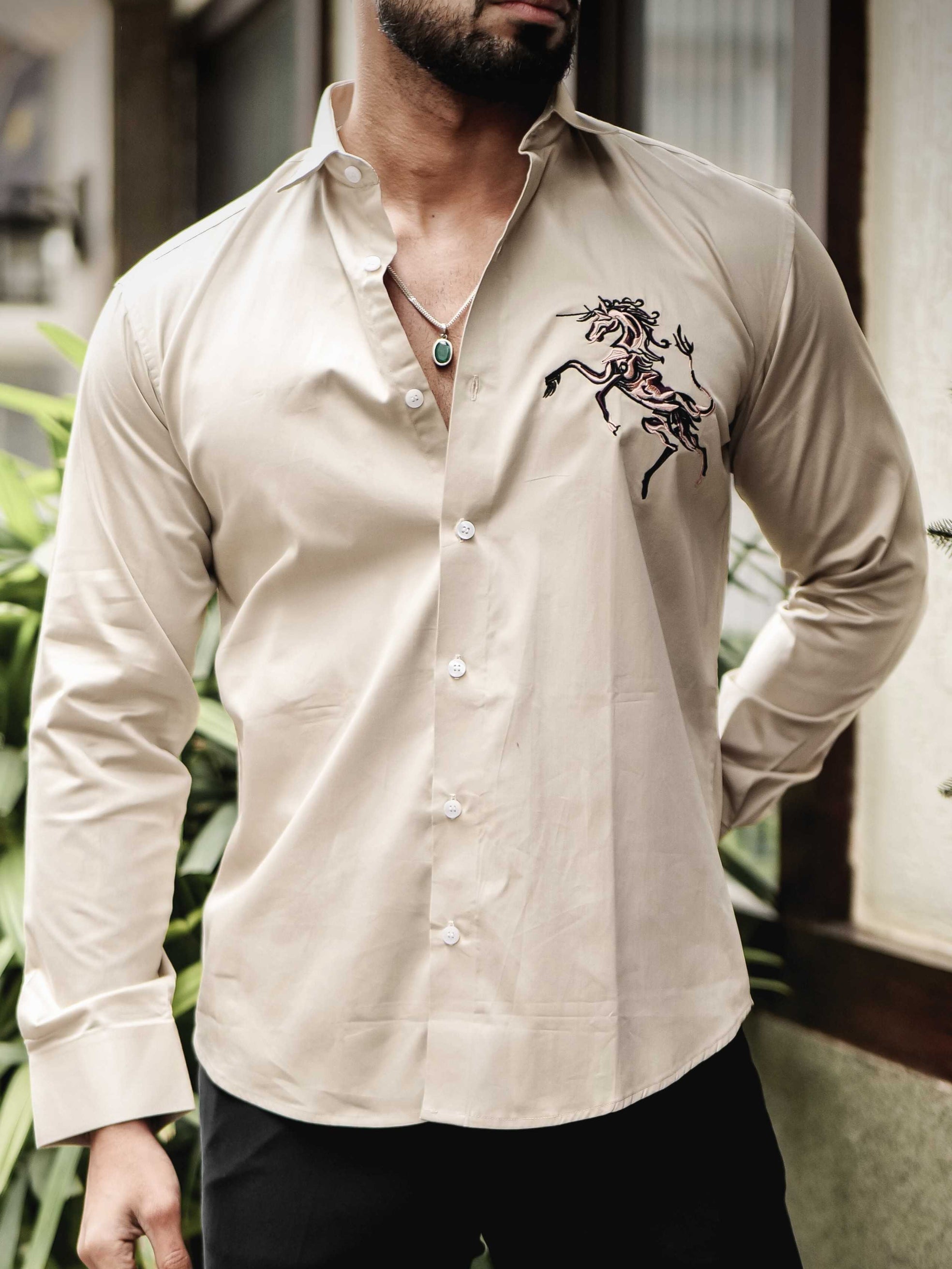 FOOMER CREAM EMBROIDERED DESIGNER SHIRT FOR MEN'S