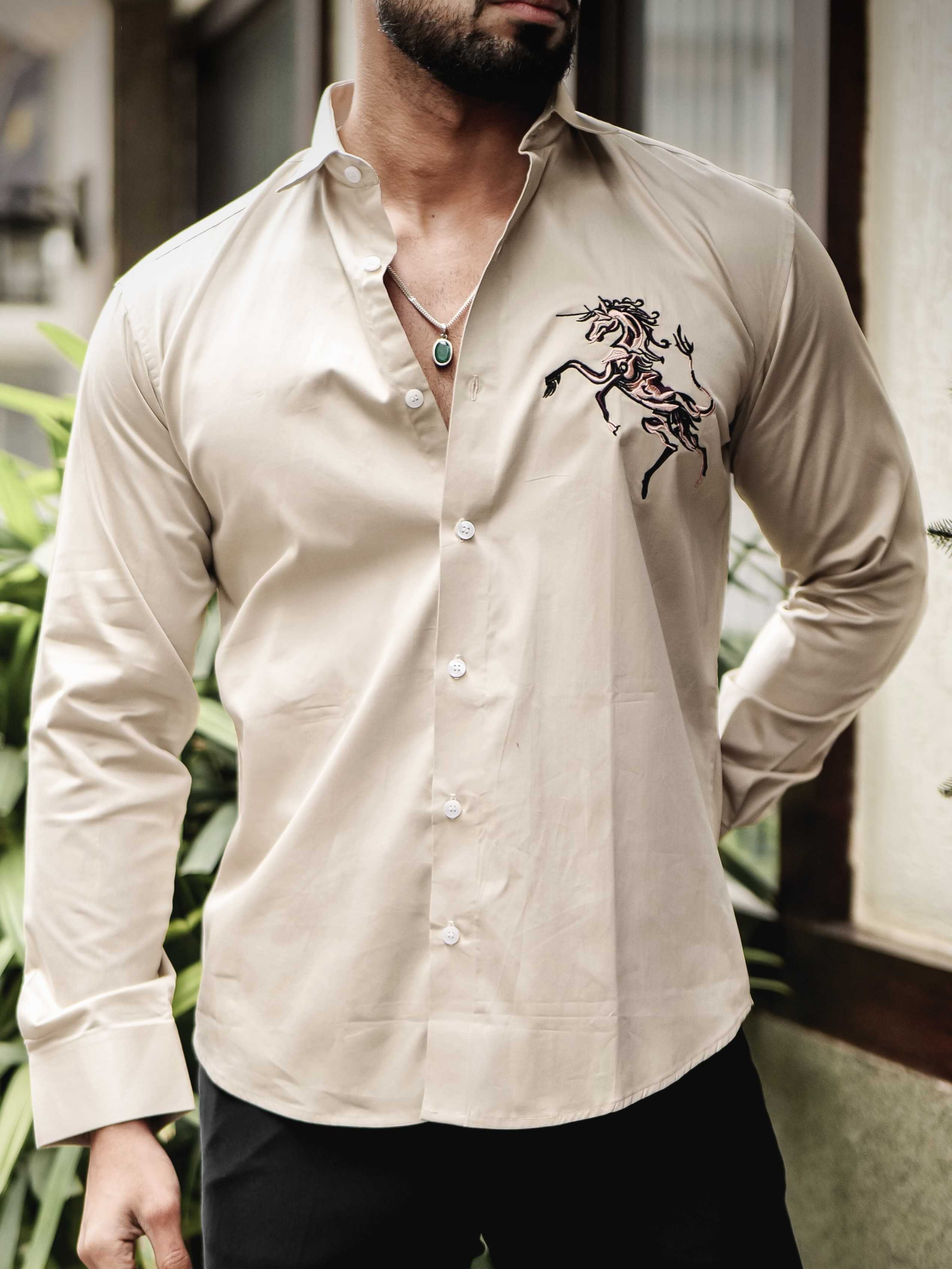 FOOMER CREAM EMBROIDERED DESIGNER SHIRT FOR MEN'S