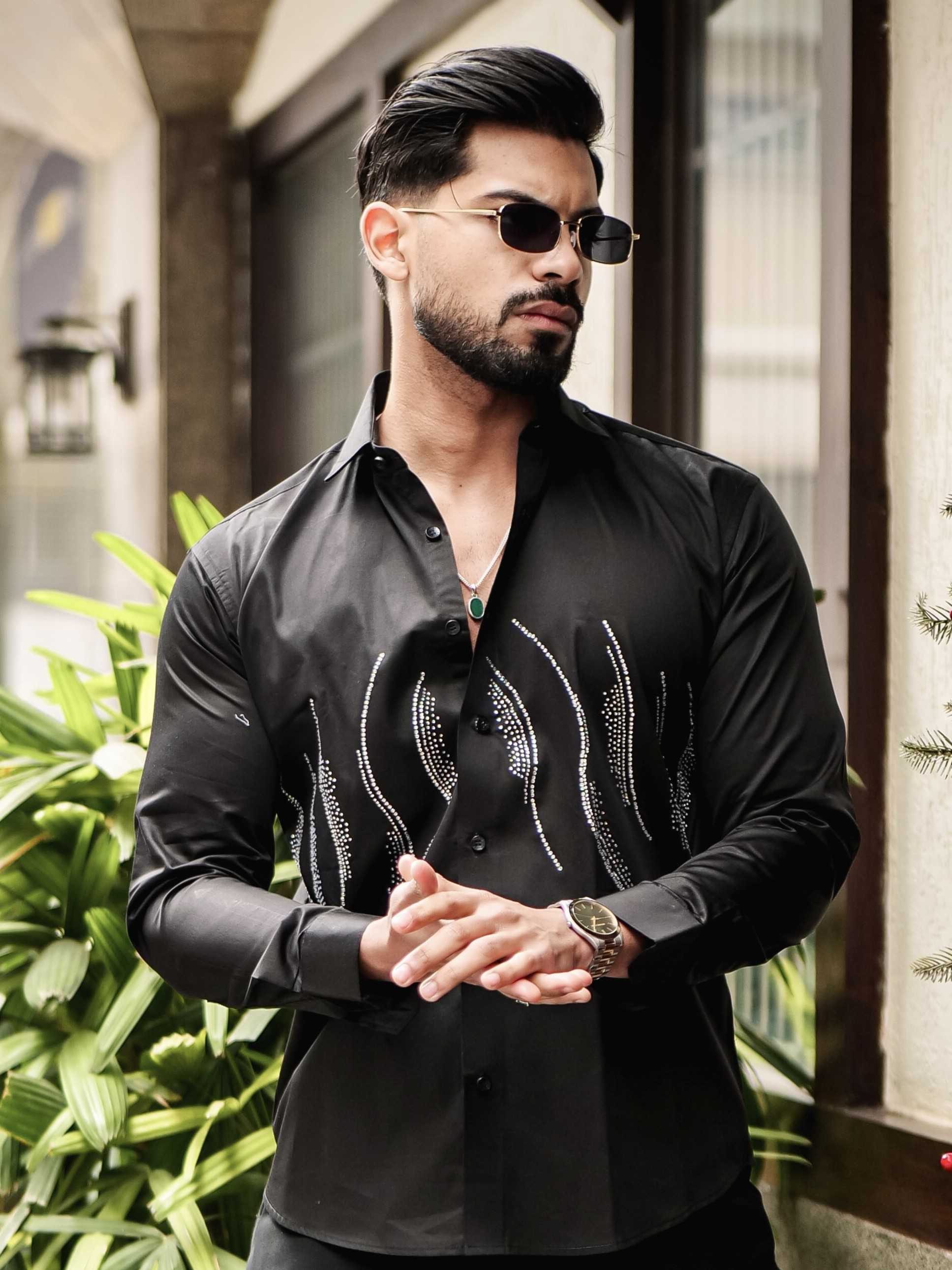 BLACK WAVE STARRY BEADED SATIN COTTON PREMIUM PARTY SHIRT