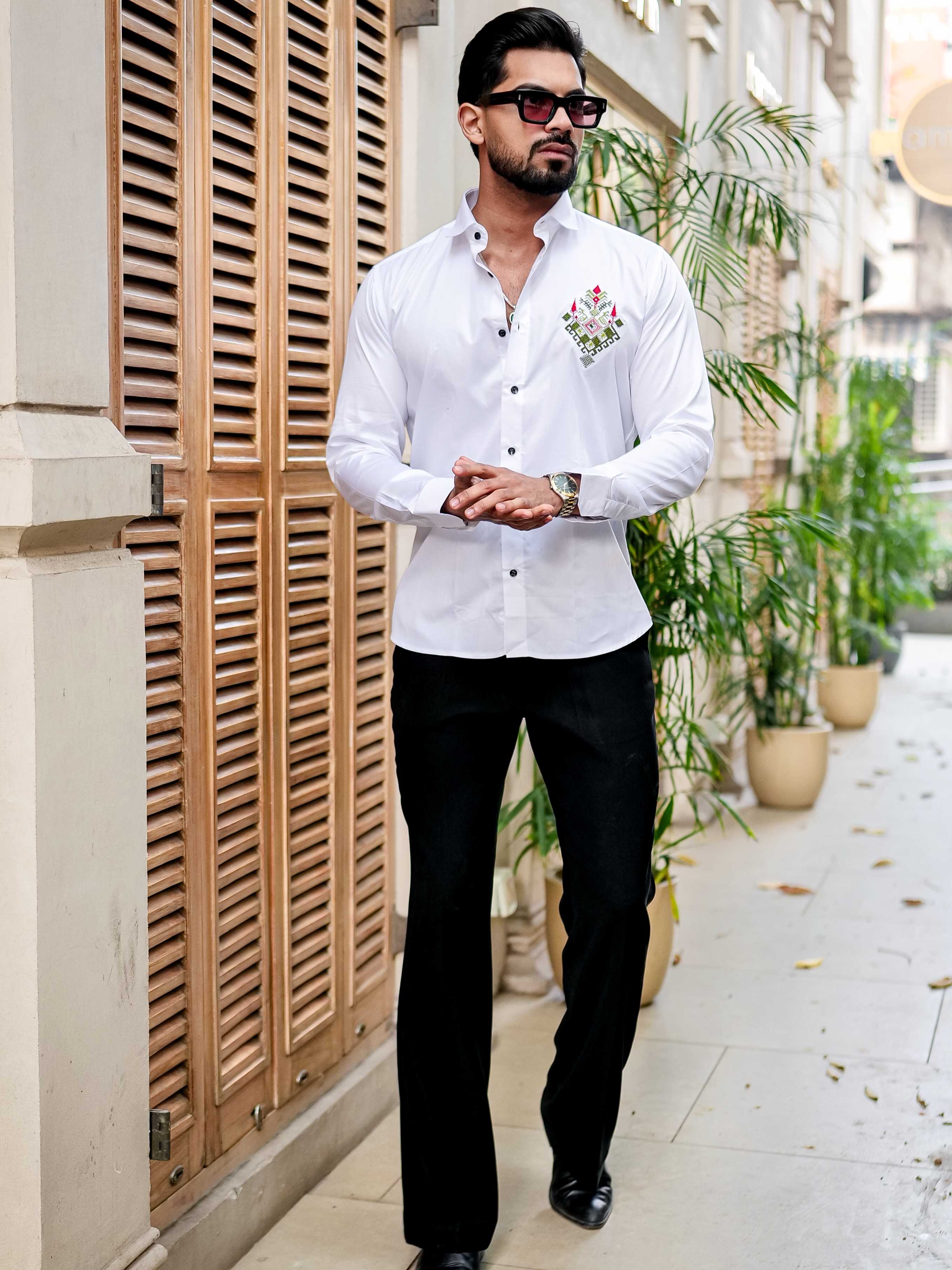 WHITE EMBROIDERED DESIGNER SATIN COTTON SHIRT FOR MEN'S