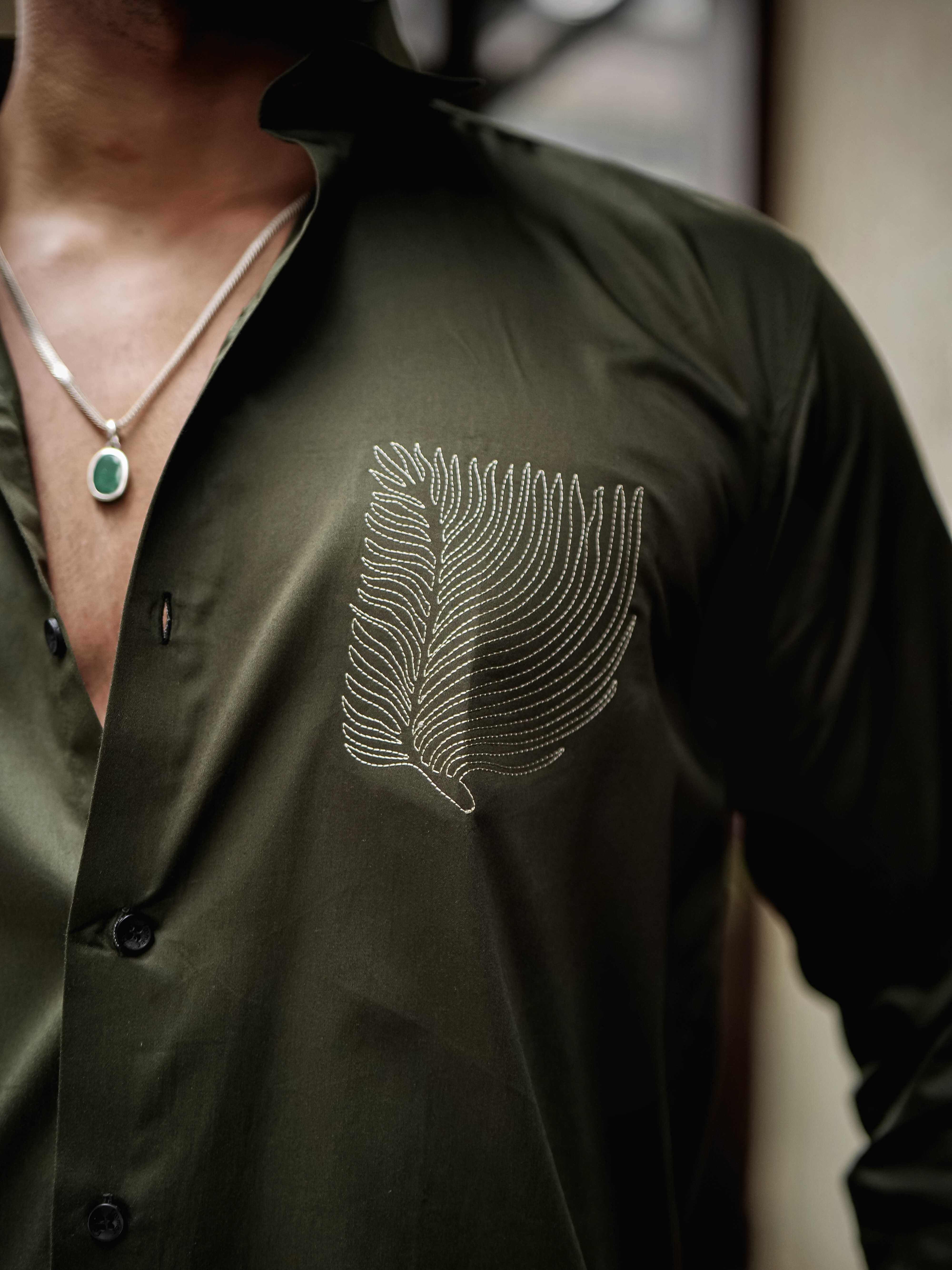 OLIVE EMBROIDERED DESIGNER SATIN COTTON SHIRT FOR MEN'S