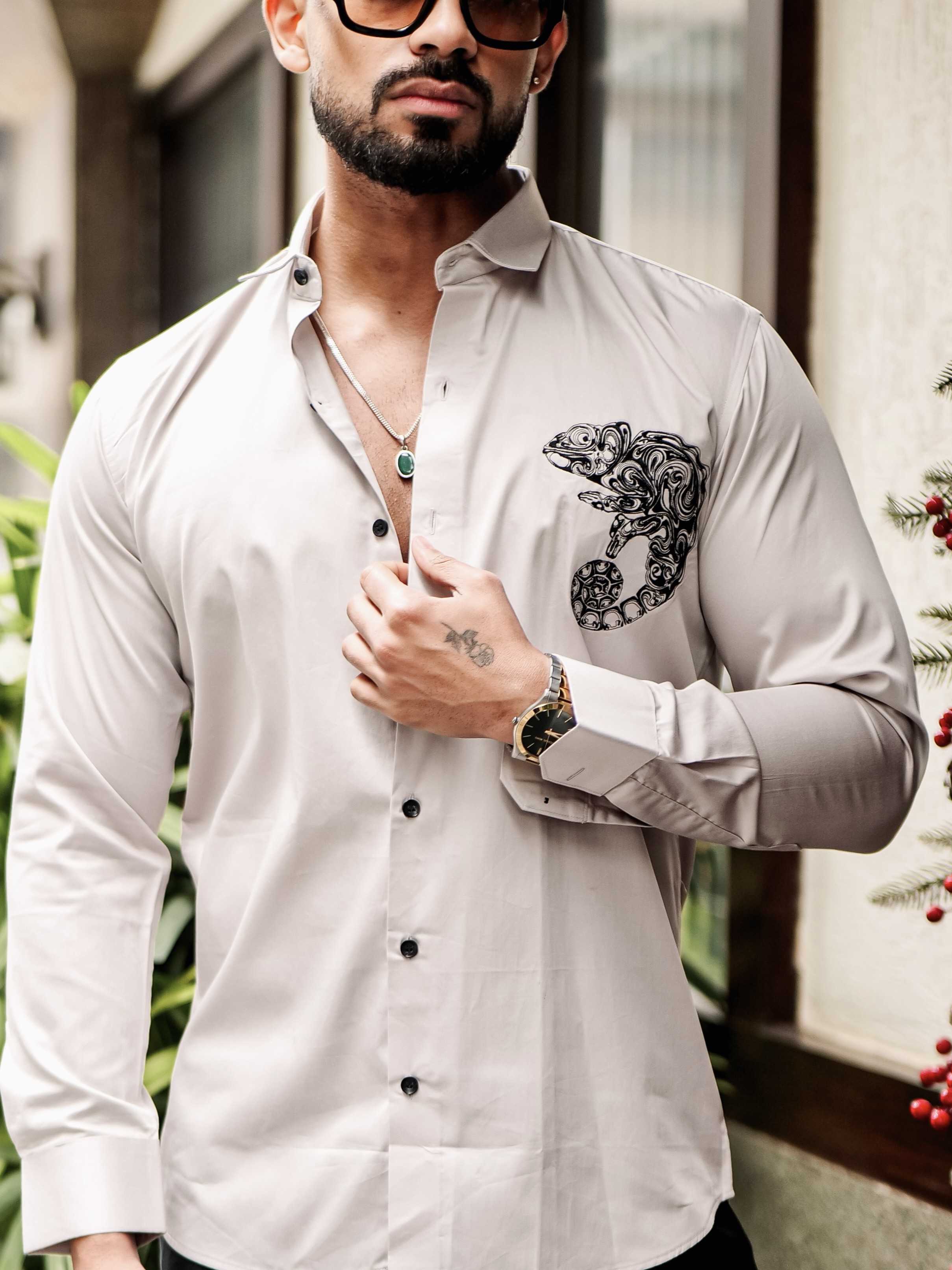 FOOMER GREY EMBROIDERED DESIGNER SHIRT FOR MEN'S