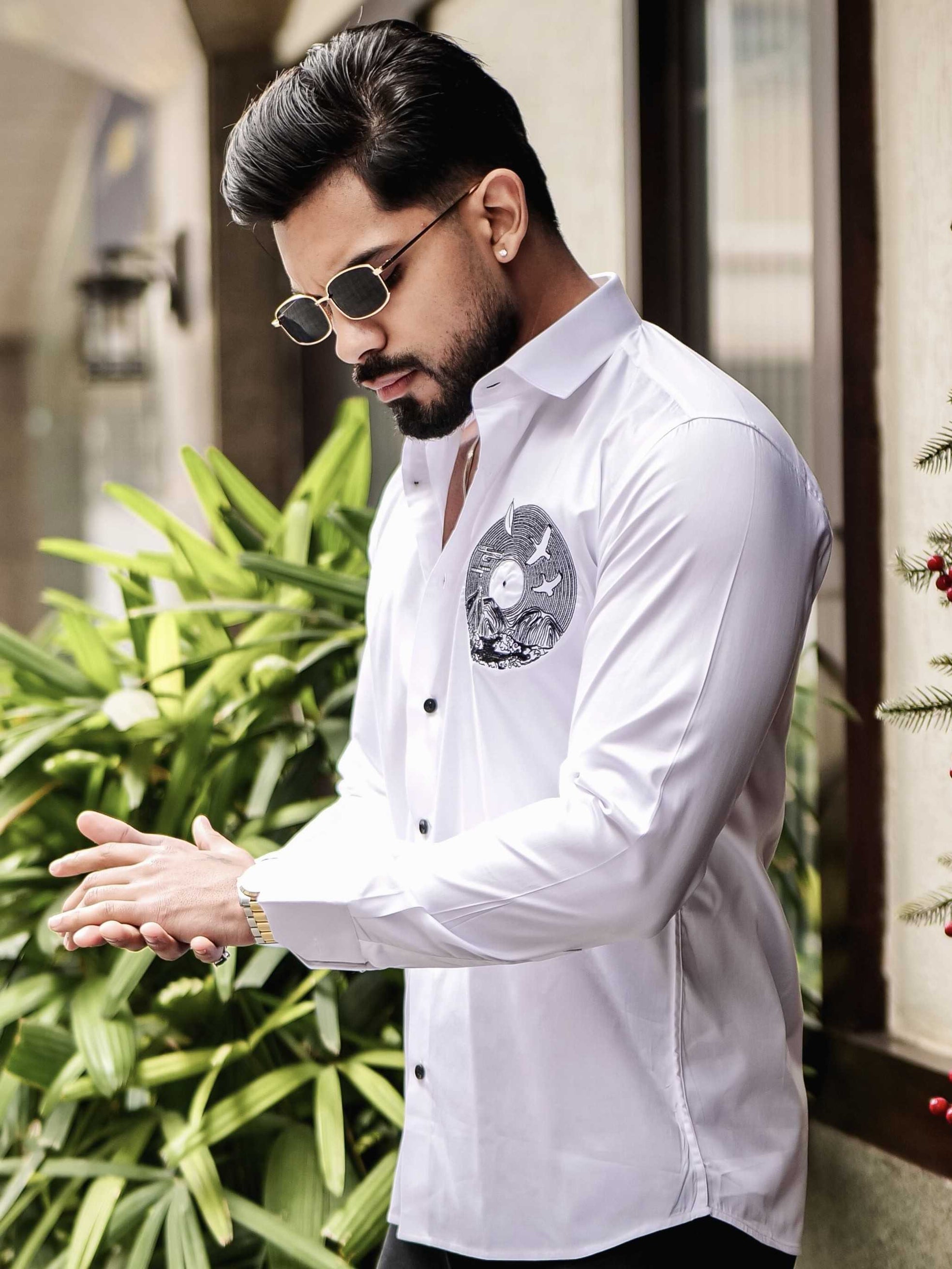 WHITE CLUB WEAR EMBROIDERY SATIN COTTON SHIRT