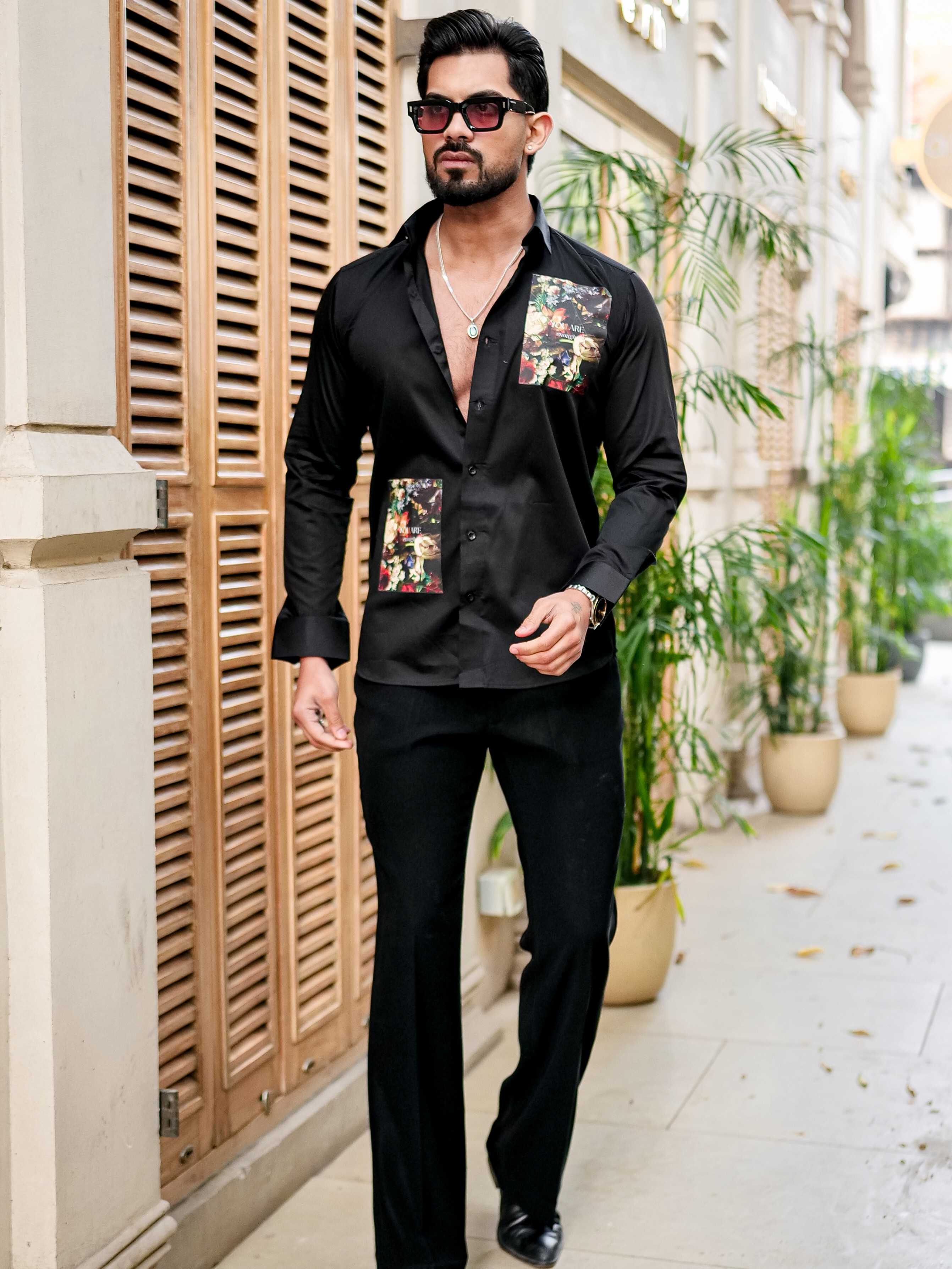 Black Club Wear Printed Satin Cotton Shirt