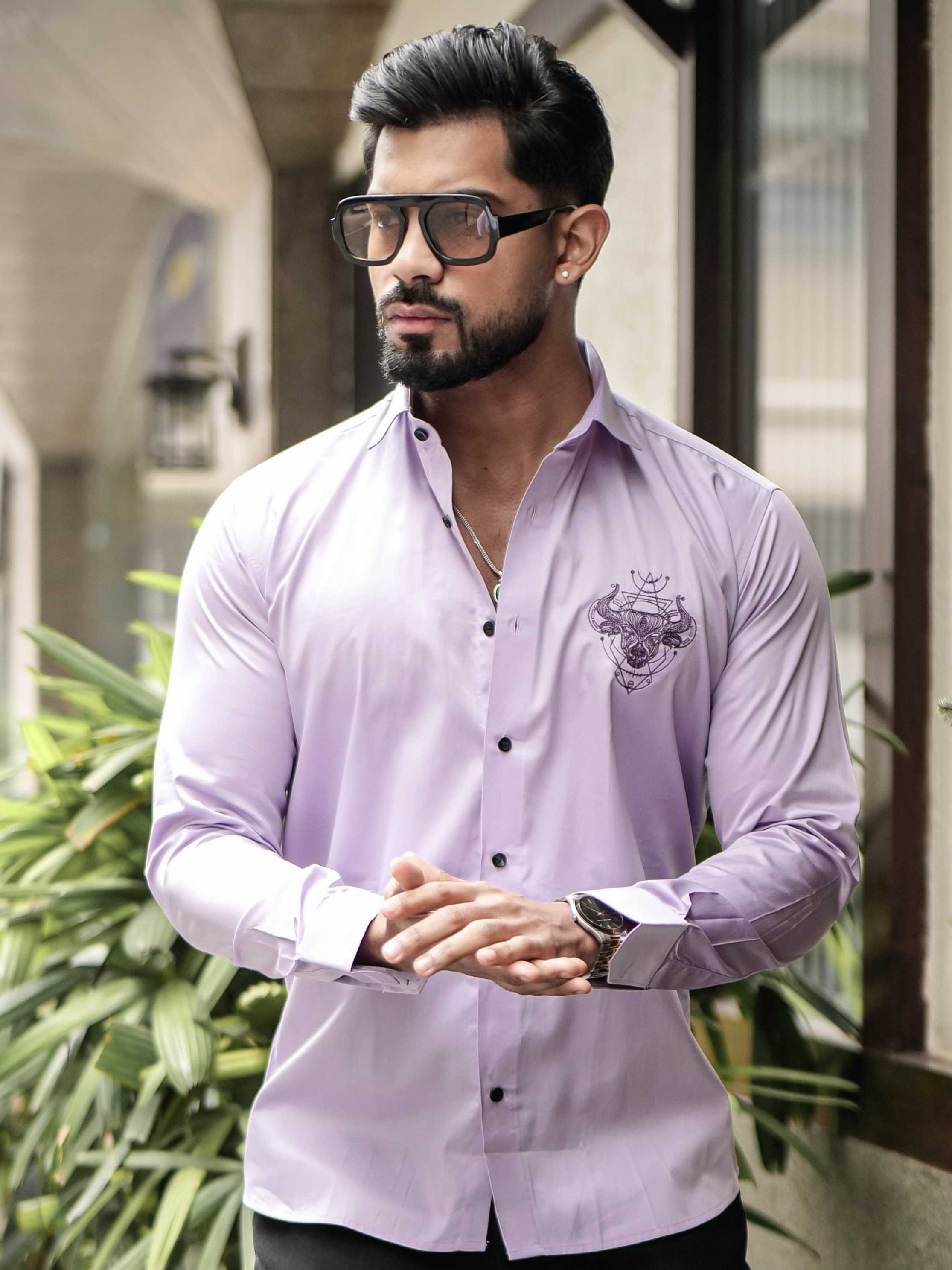 LIGHT PURPLE EMBROIDERED DESIGNER SATIN COTTON SHIRT FOR MEN'S