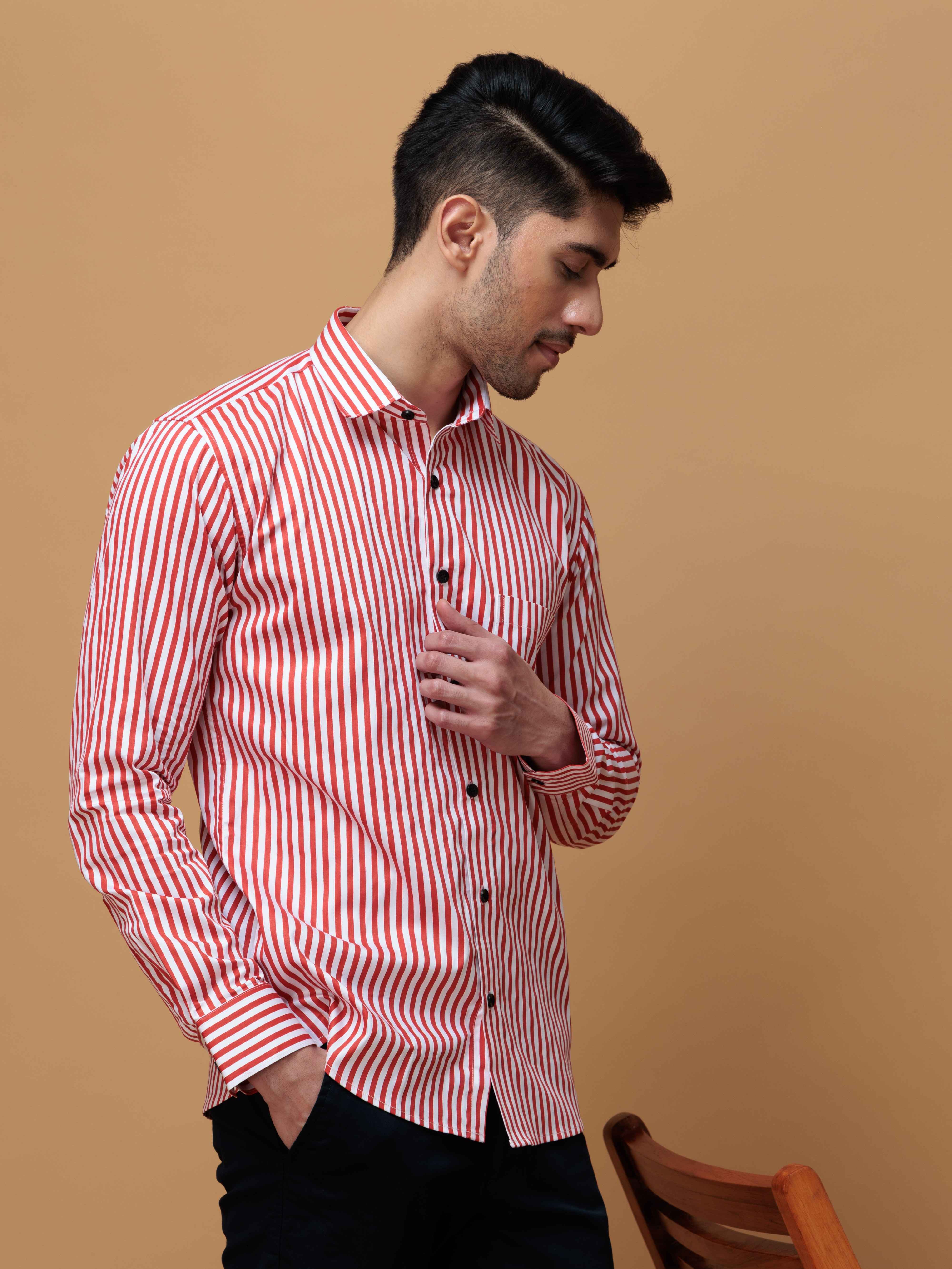 RED STRIPED COTTON REGULAR FIT MEN&#39;S CASUAL SHIRT FOR MEN&#39;S
