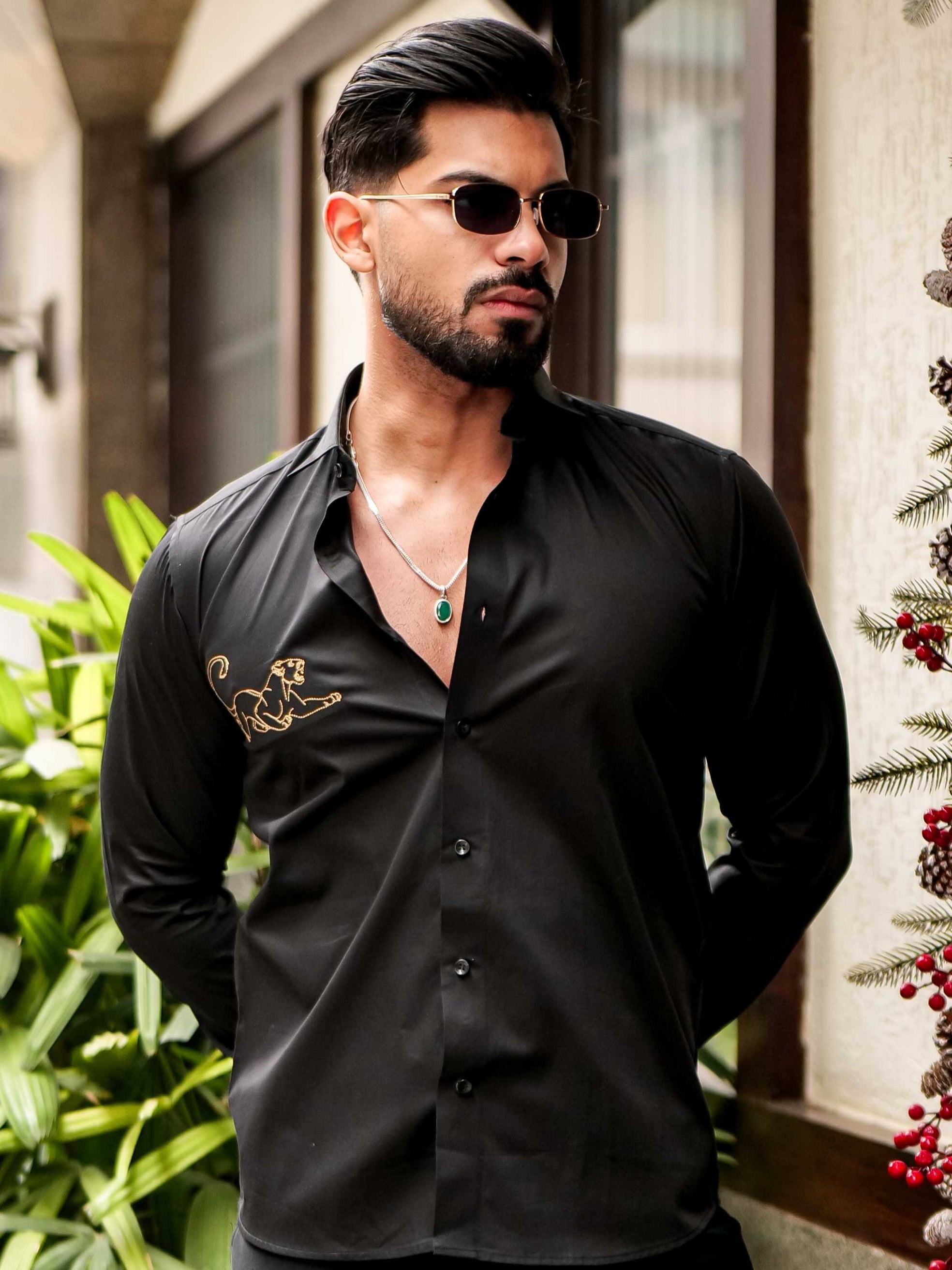 BLACK EMBROIDERED DESIGNER SATIN COTTON SHIRT FOR MEN'S