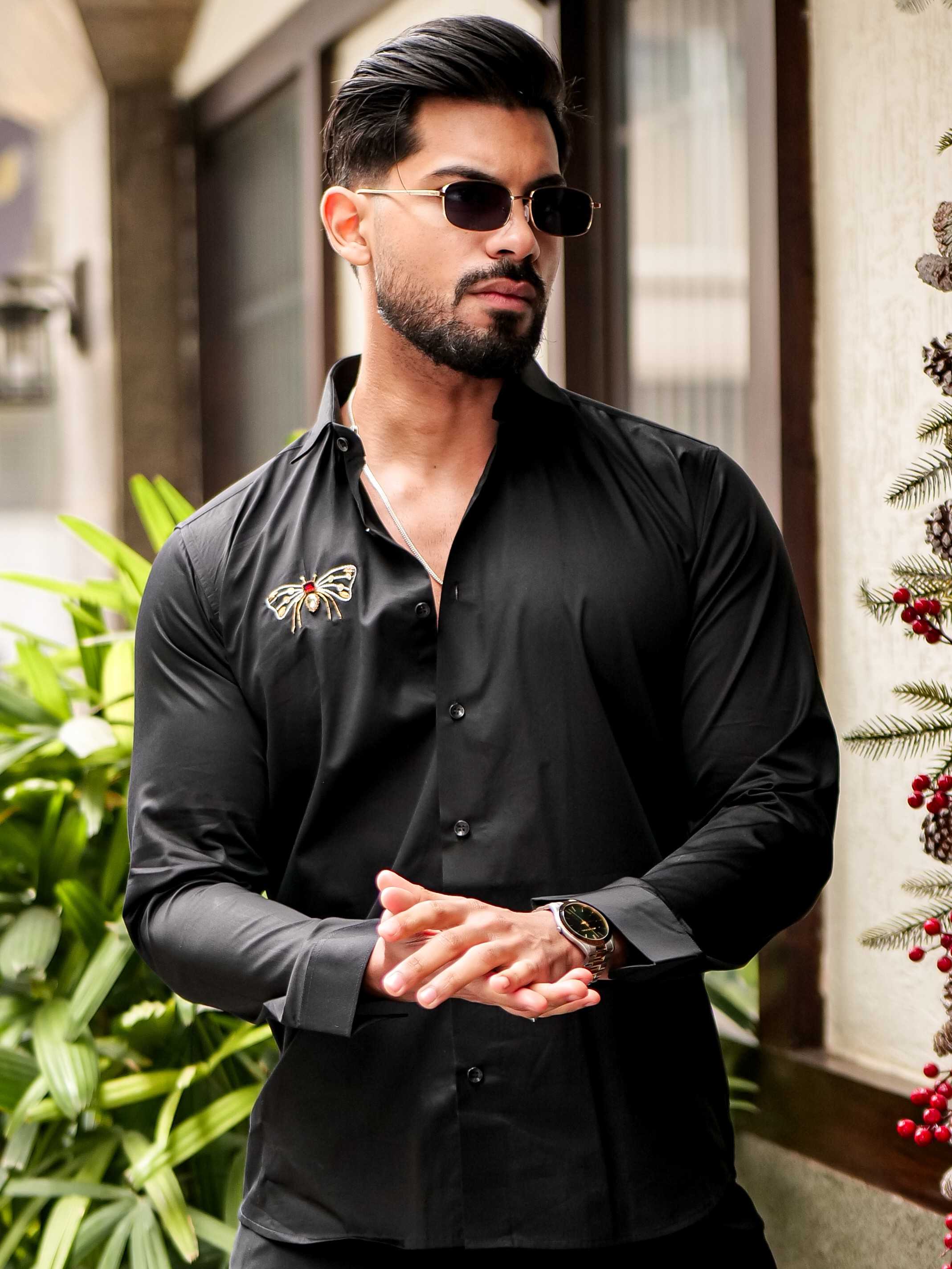 FOOMER BLACK RHINESTONE HAND WORK SATIN COTTON PREMIUM MEN'S SHIRT