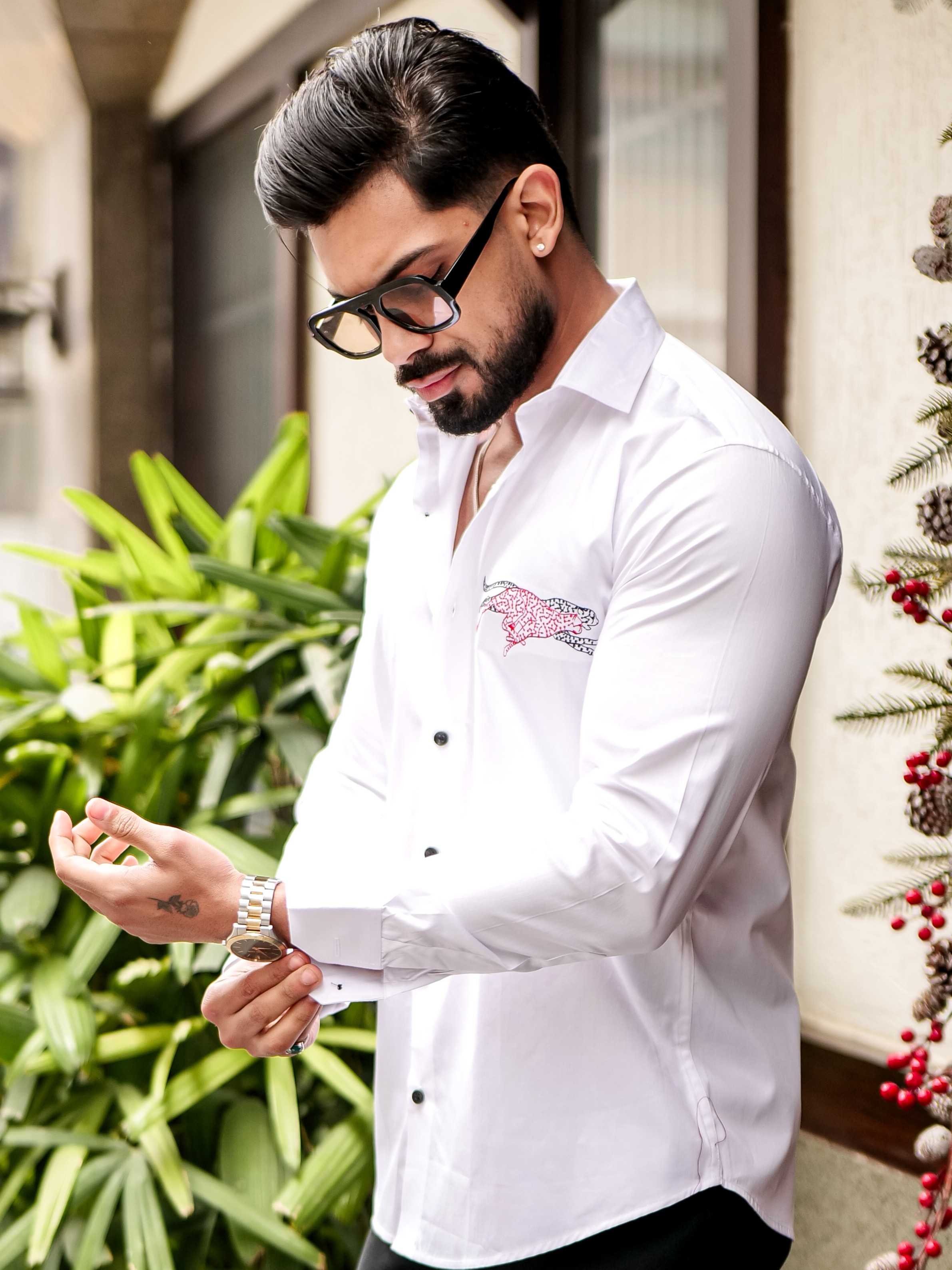WHITE CLUB WEAR EMBROIDERY SATIN COTTON MEN'S SHIRT