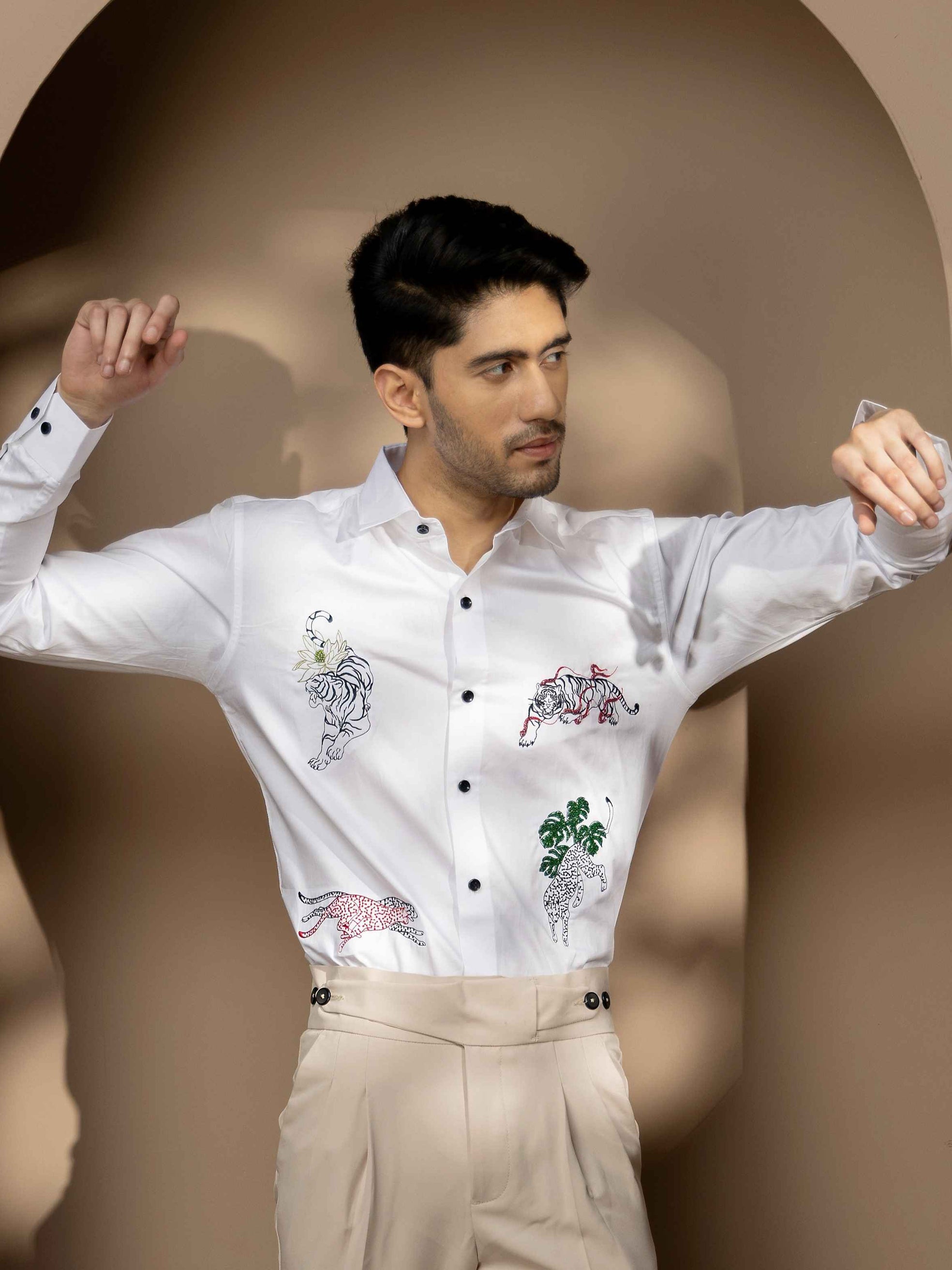 FOOMER ZOO EMBROIDERED WHITE LUXURY COTTON SHIRT FOR MEN