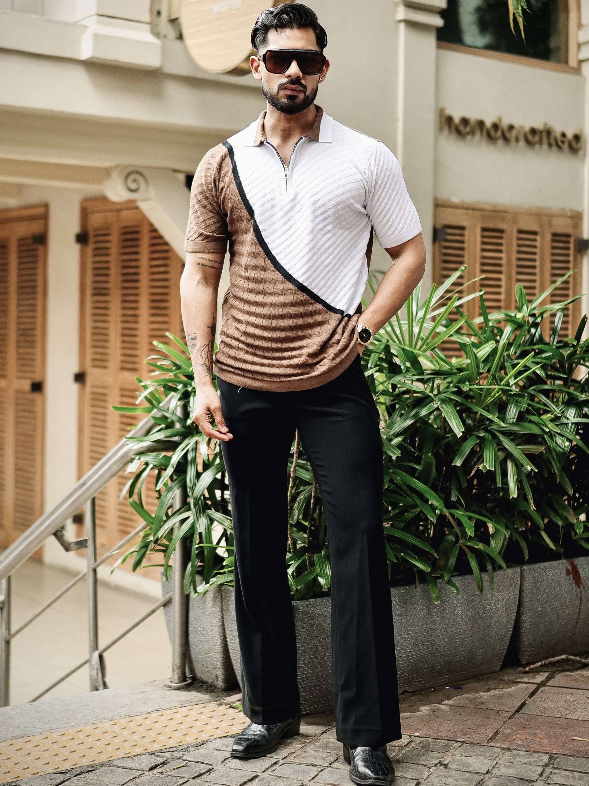 FOOMER BROWN HALF SLEEVE KNITTED TSHIRT FOR MEN'S