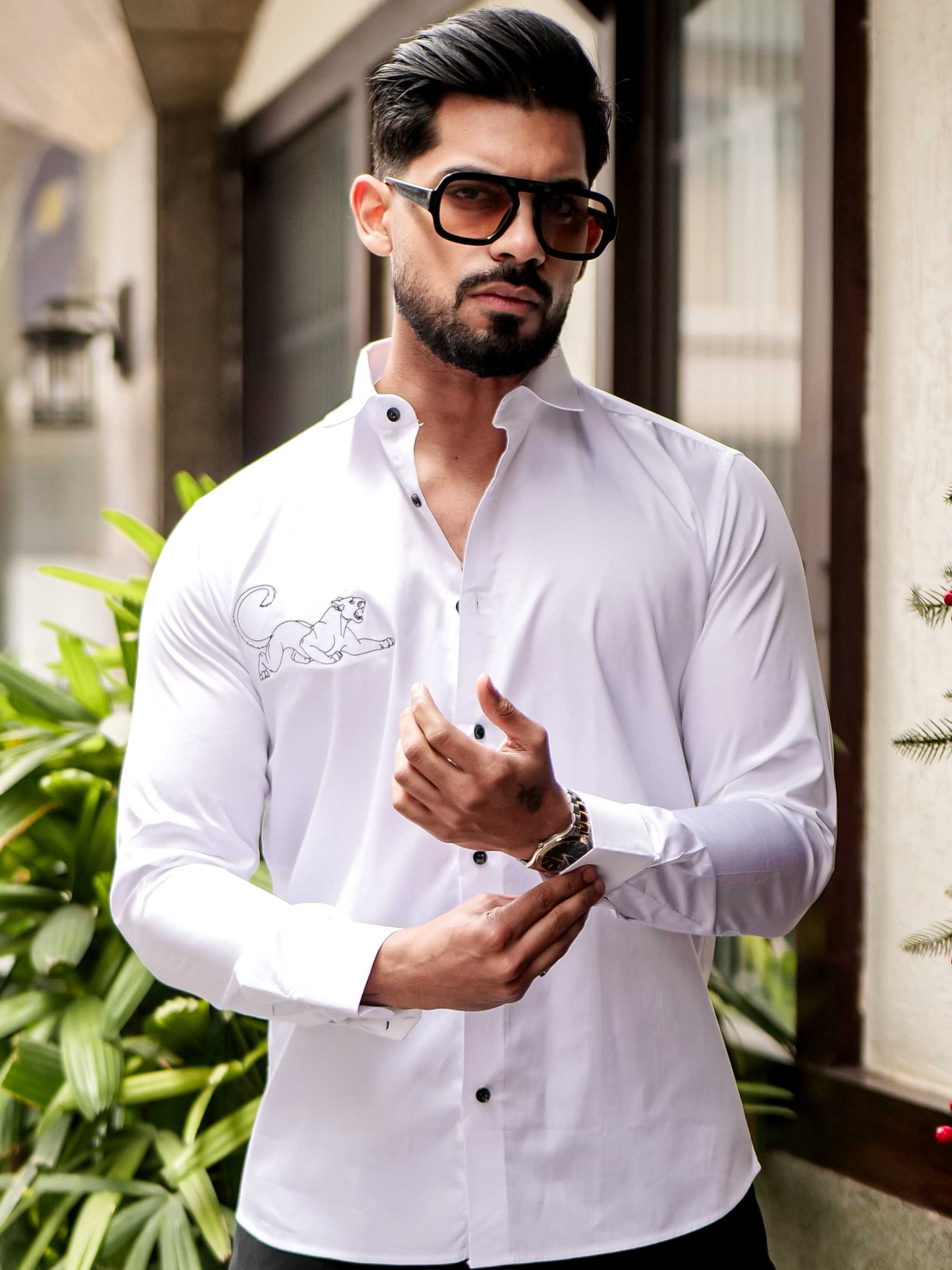 WHITE EMBROIDERED DESIGNER SATIN COTTON SHIRT FOR MEN'S