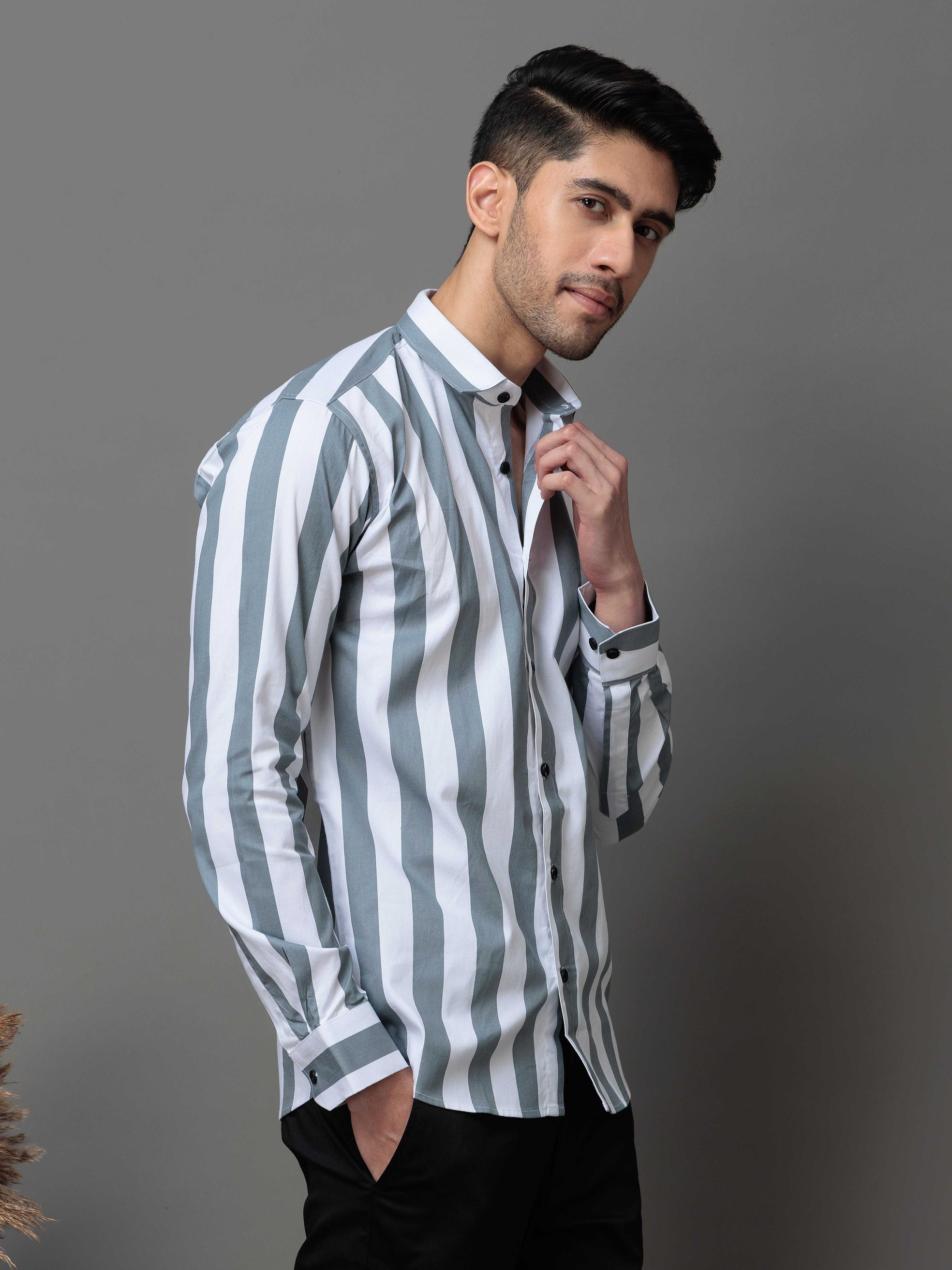 GREY STRIPED COTTON CASUAL SHIRT FOR MEN'S