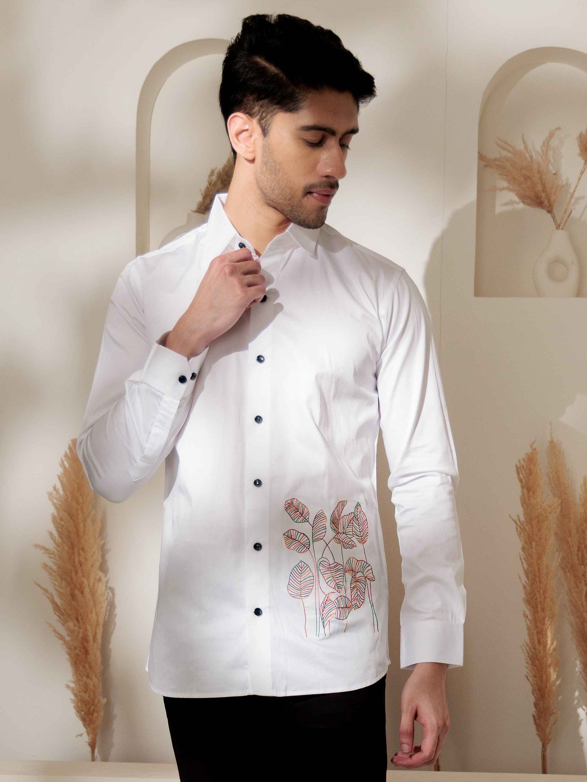 FOOMER LEAVES EMBROIDERED WHITE LUXURY COTTON SHIRT FOR MEN