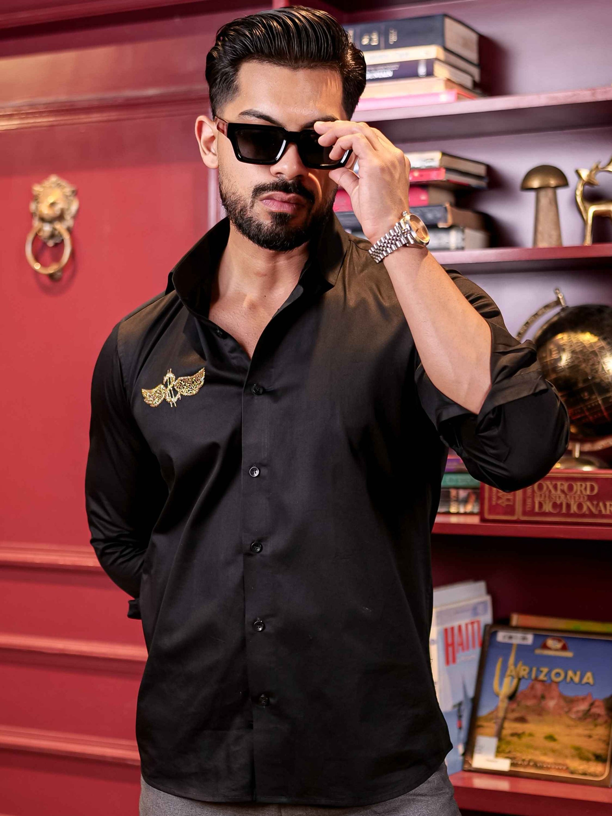 BLACK WINGS RHINESTONE HAND WORK SATIN COTTON PREMIUM MEN'S SHIRT