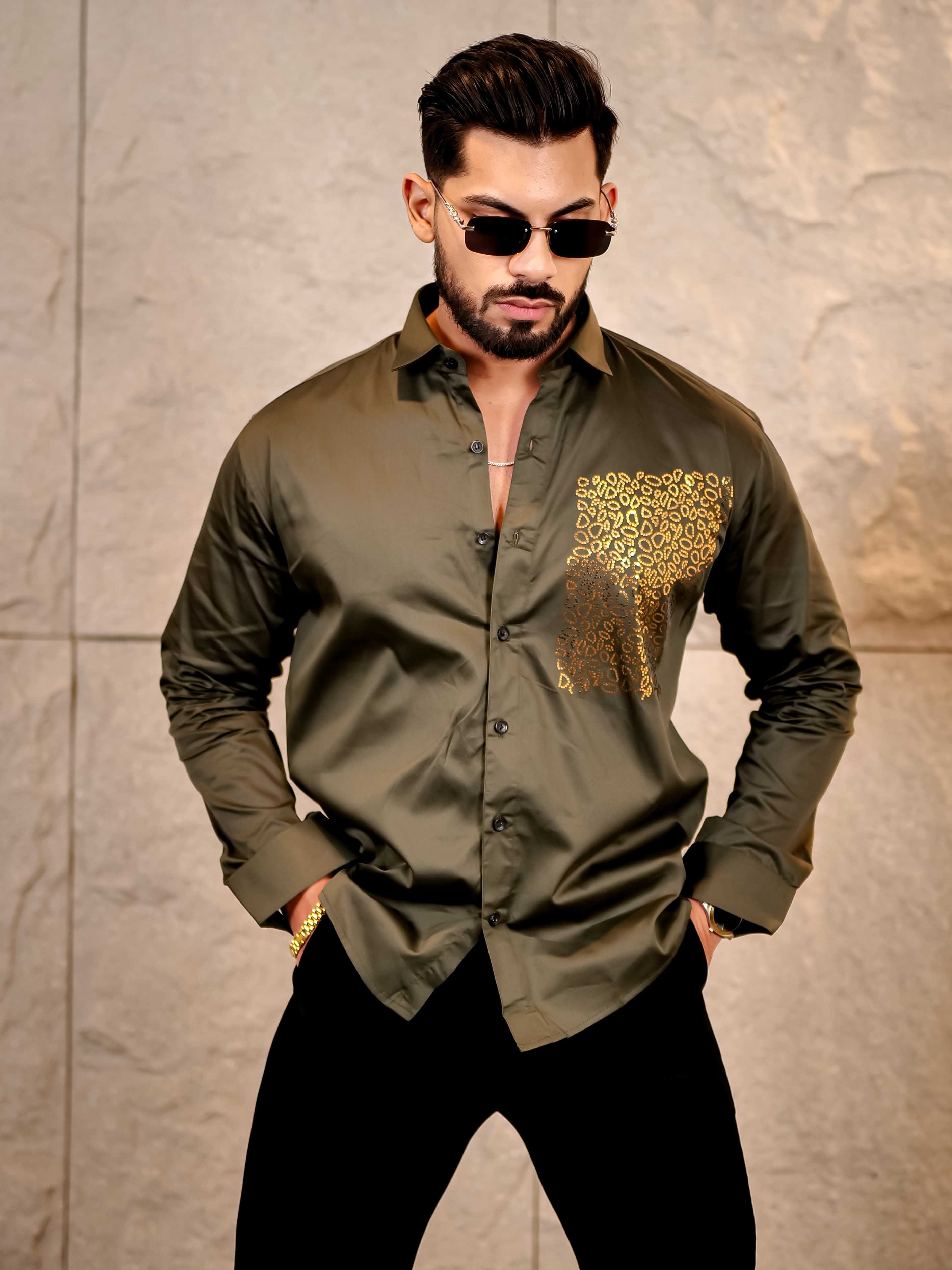 Cool Olive Green Sequence Club Wear Satin Cotton Party Shirt