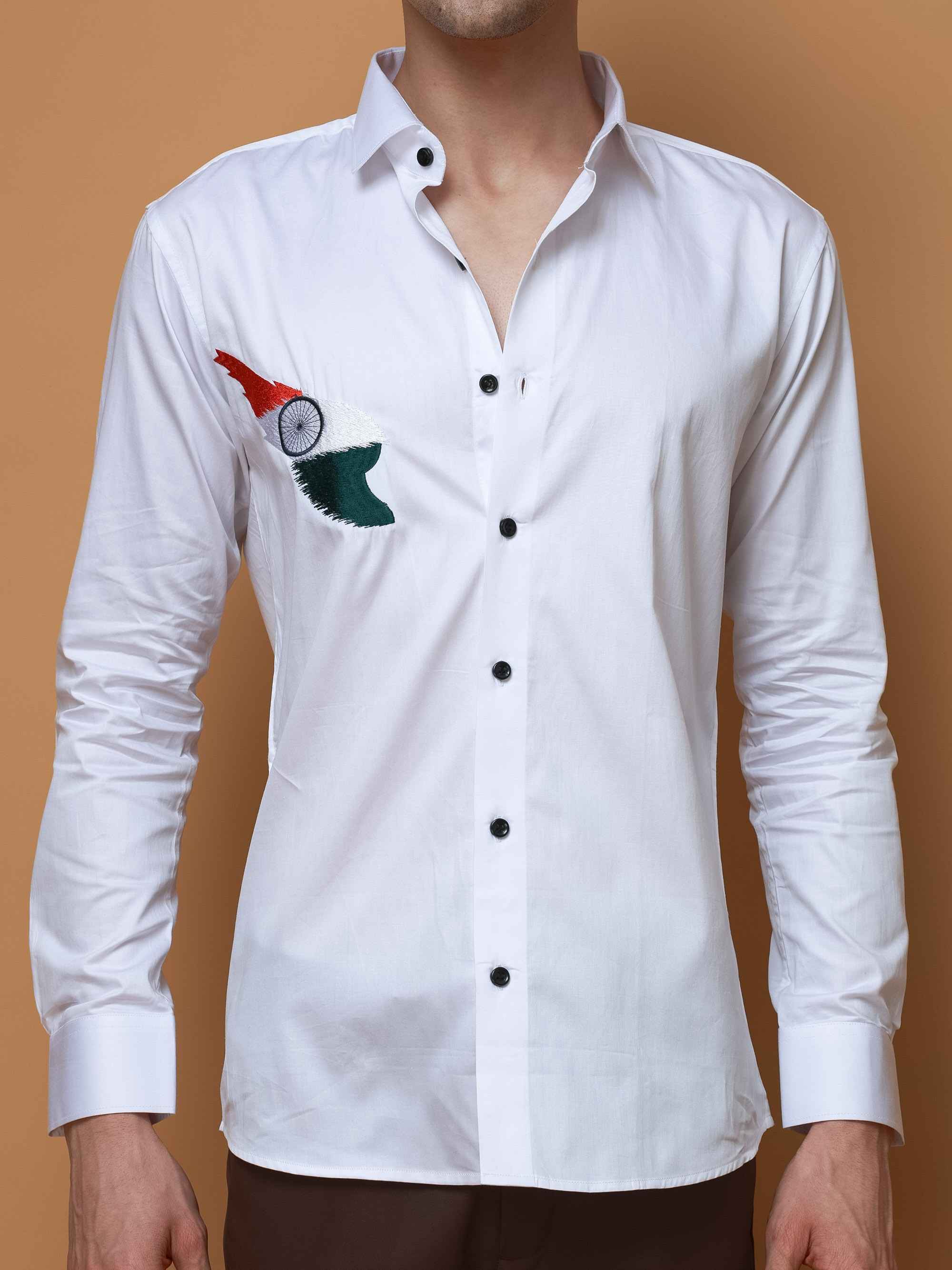 WHITE TIRANGA EMBROIDERED DESIGNER SATIN COTTON SHIRT FOR MEN&#39;S