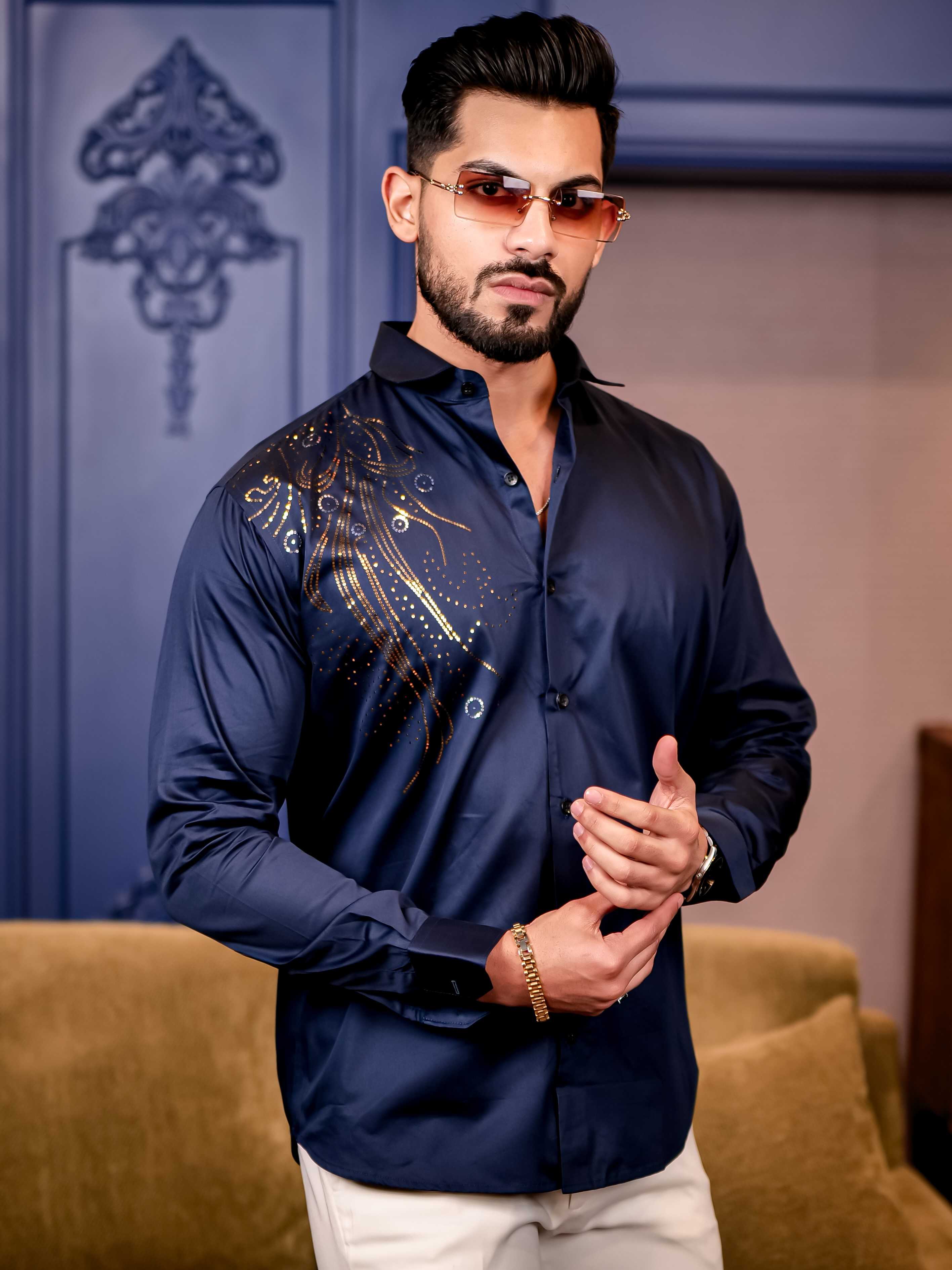 Navy Sequence Club Wear Satin Cotton Party Shirt