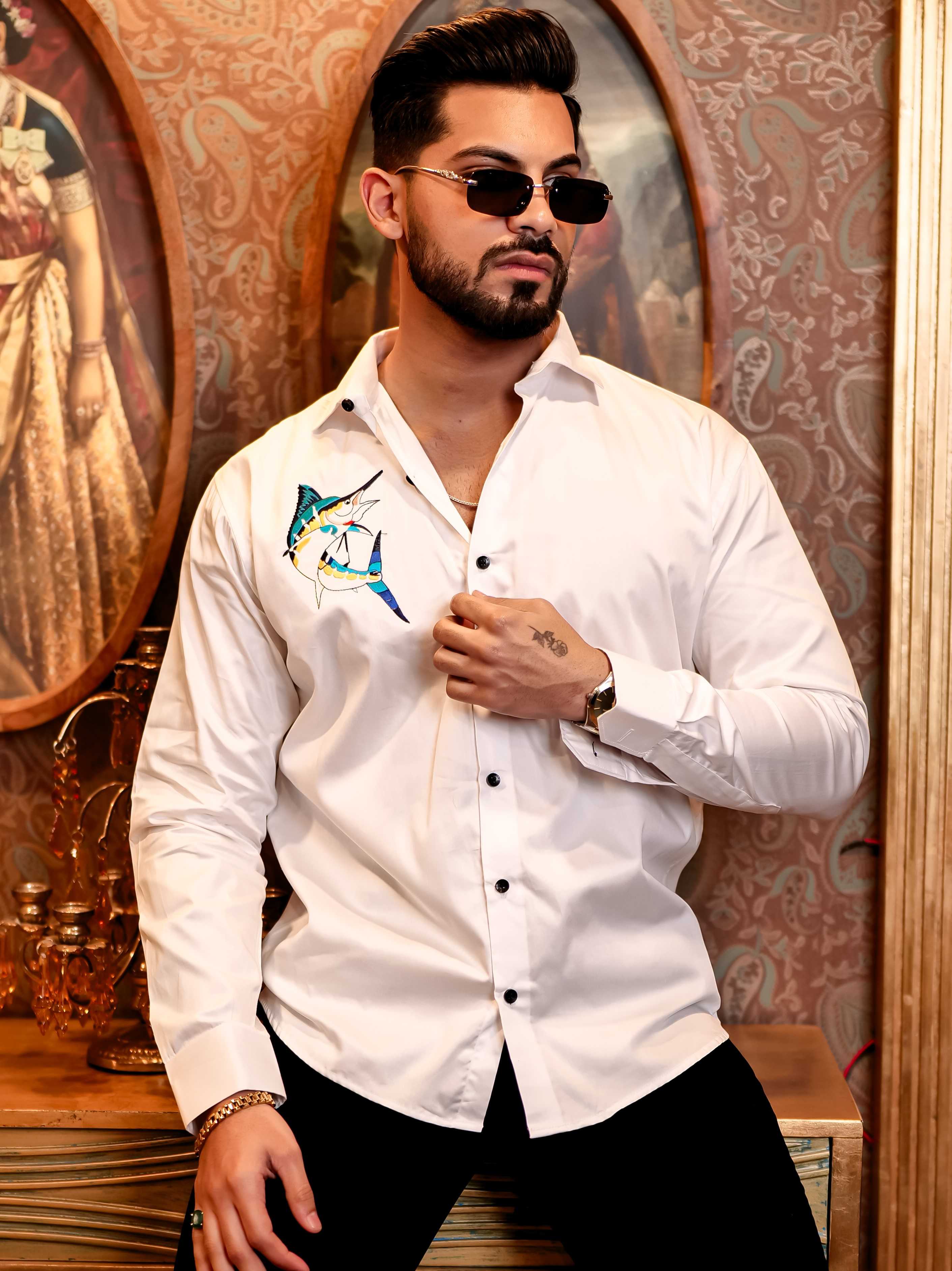 Sword Fish White Embroidered Club Wear Satin Cotton Shirt