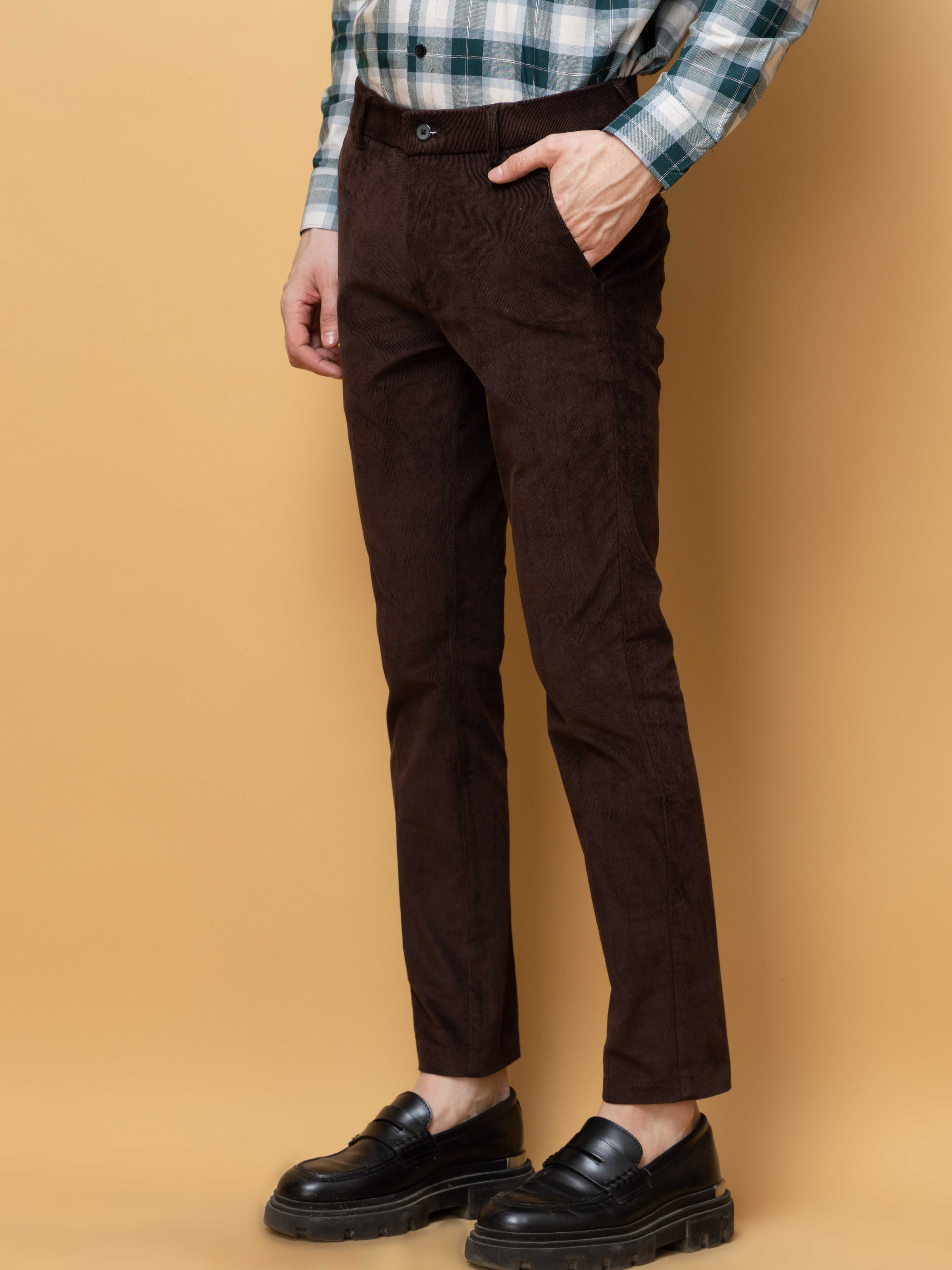 CHOCOLATE CORDUROY RELAXED FIT TROUSERS FOR MEN&#39;S