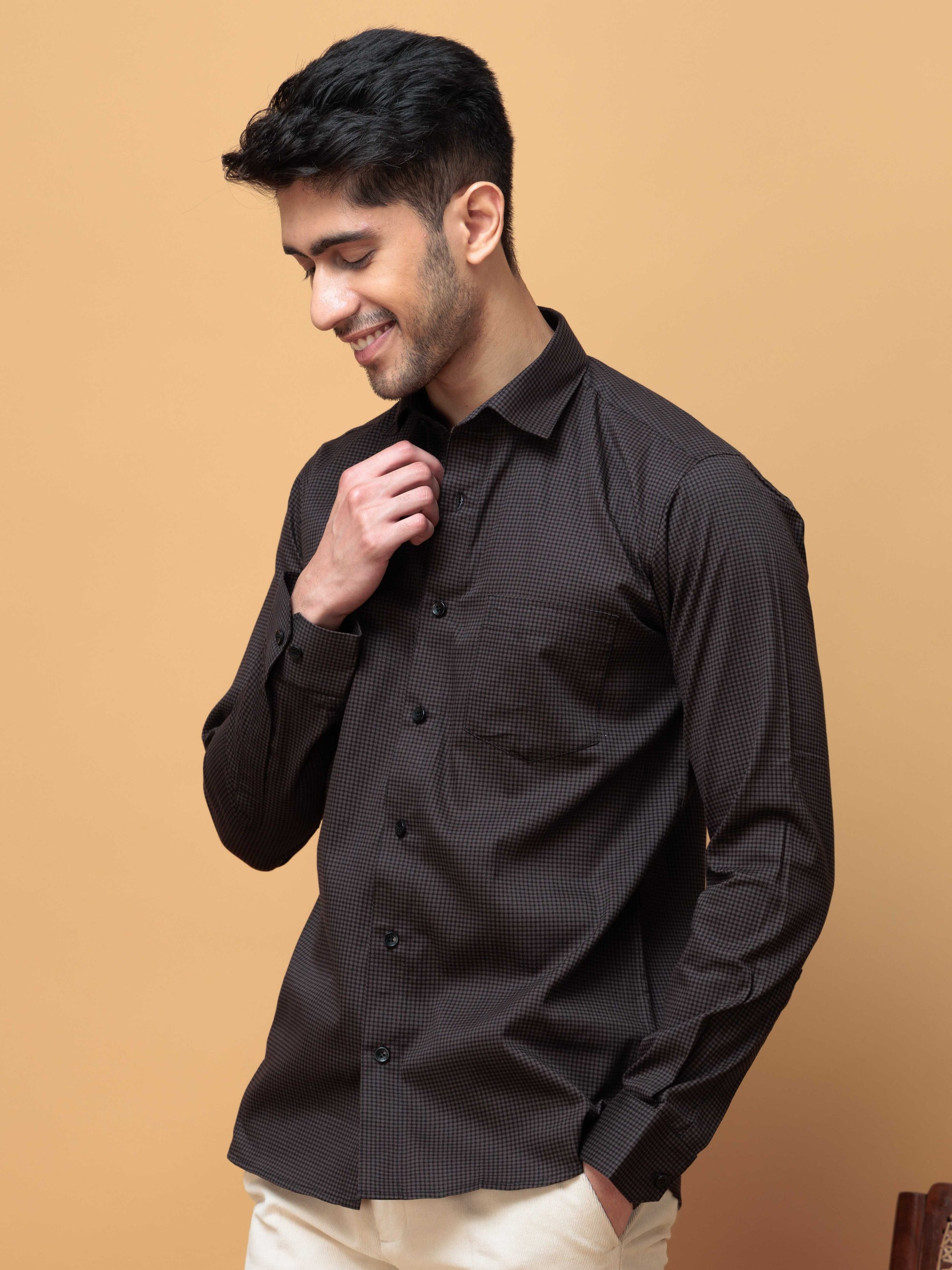 FOOMER DARK GREY MINI CHECKED COTTON CASUAL SHIRT FOR MEN'S