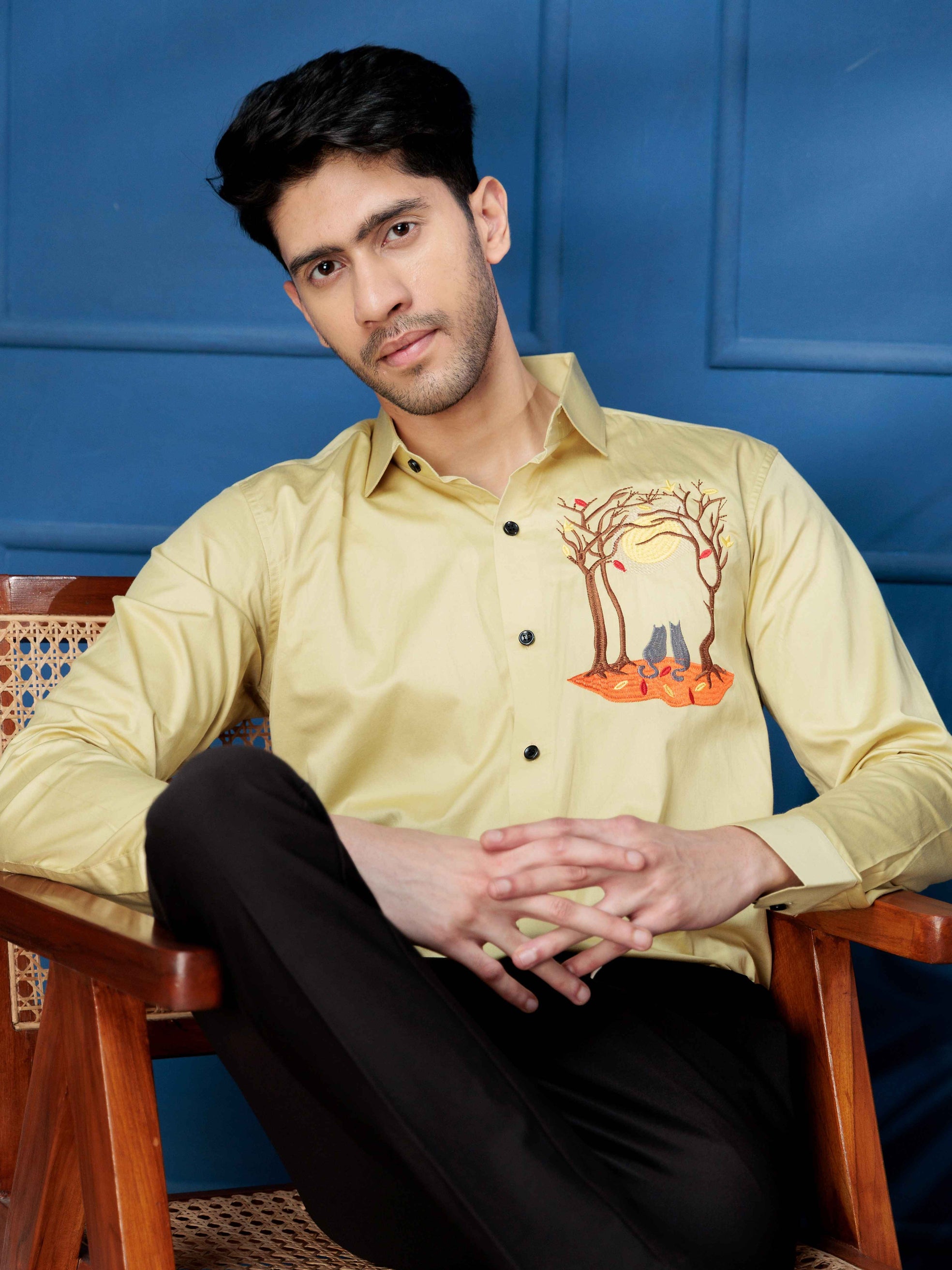 FOOMER COUPLE CAT EMBROIDERED CLUB WEAR SATIN COTTON SHIRT FOR MEN