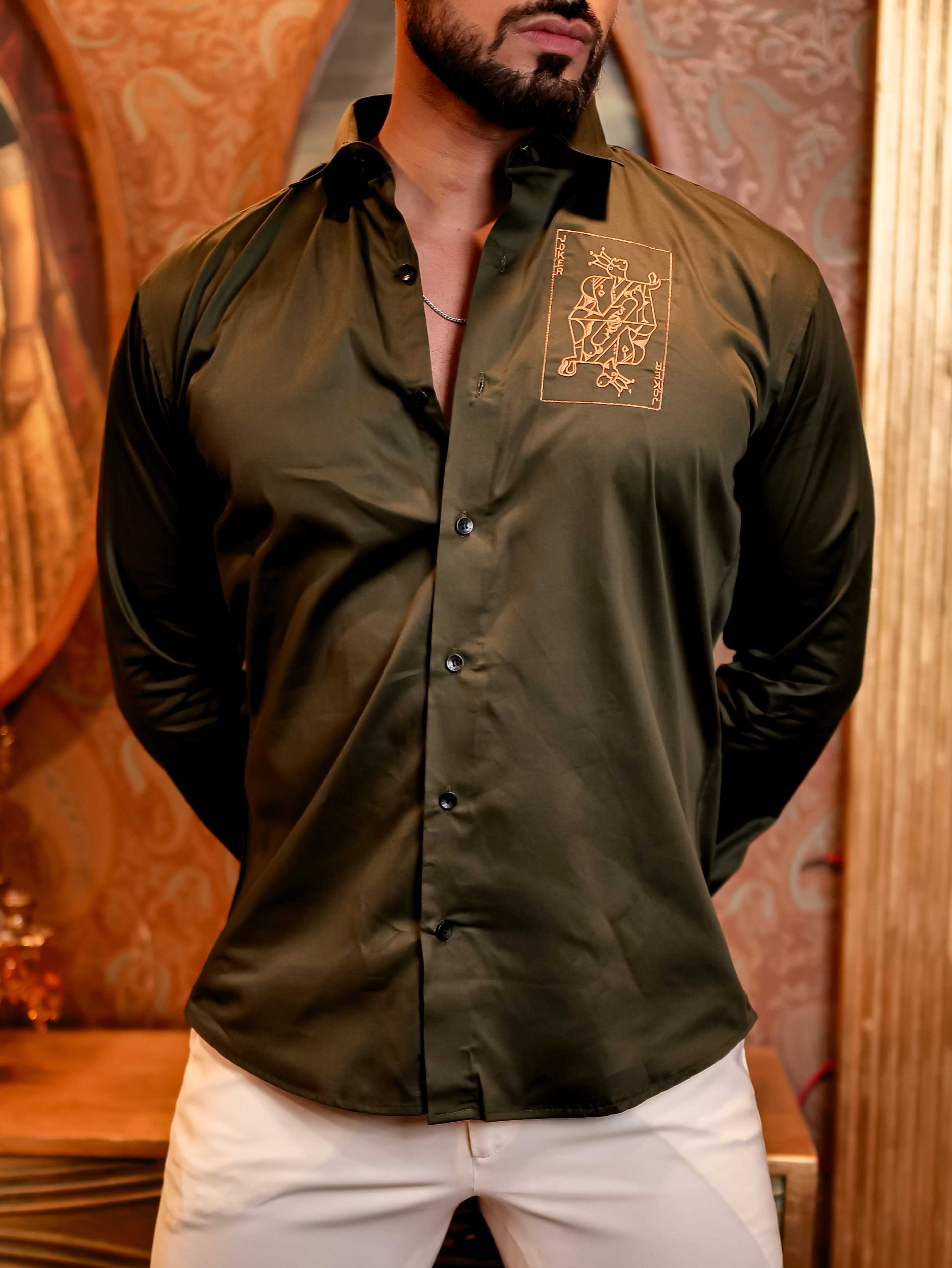 Joker Olive Green Embroidered Club Wear Satin Cotton Shirt