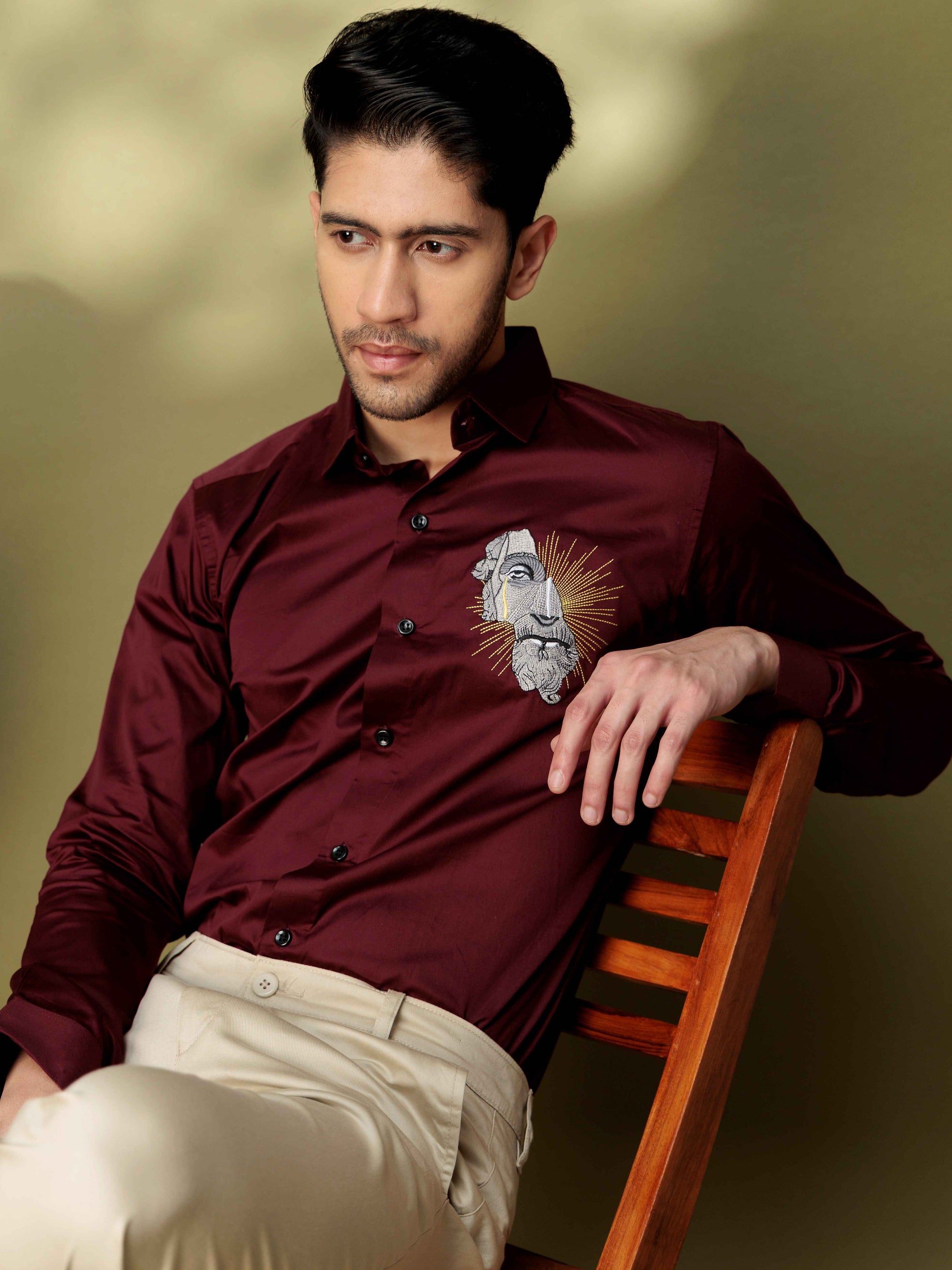 FOOMER GREEK STATUE EMBROIDERY DESIGNER  MAROON SATIN SHIRT FOR MEN