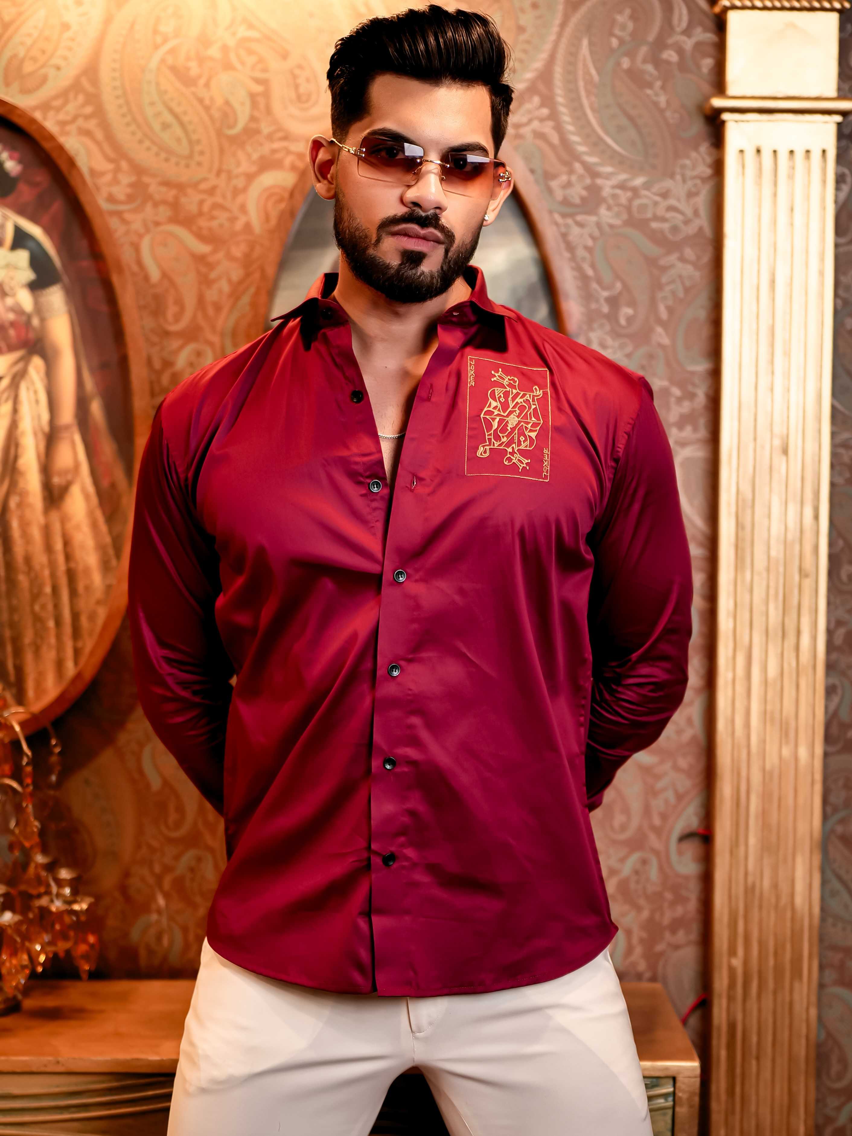 Joker Maroon Embroidered Club Wear Satin Cotton Shirt