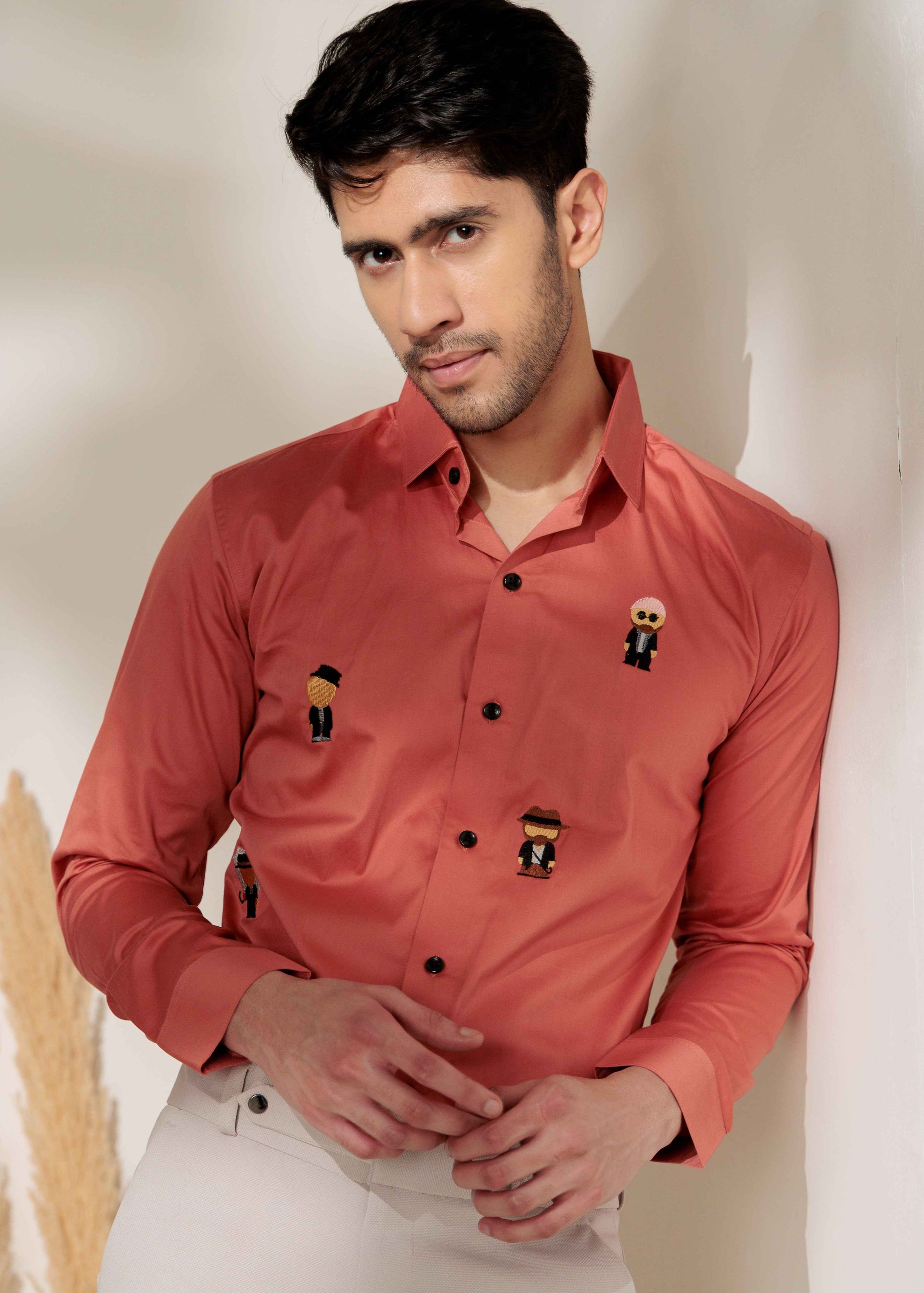 FOOMER ORANGE EMBROIDERED DESIGNER SATIN COTTON SHIRT