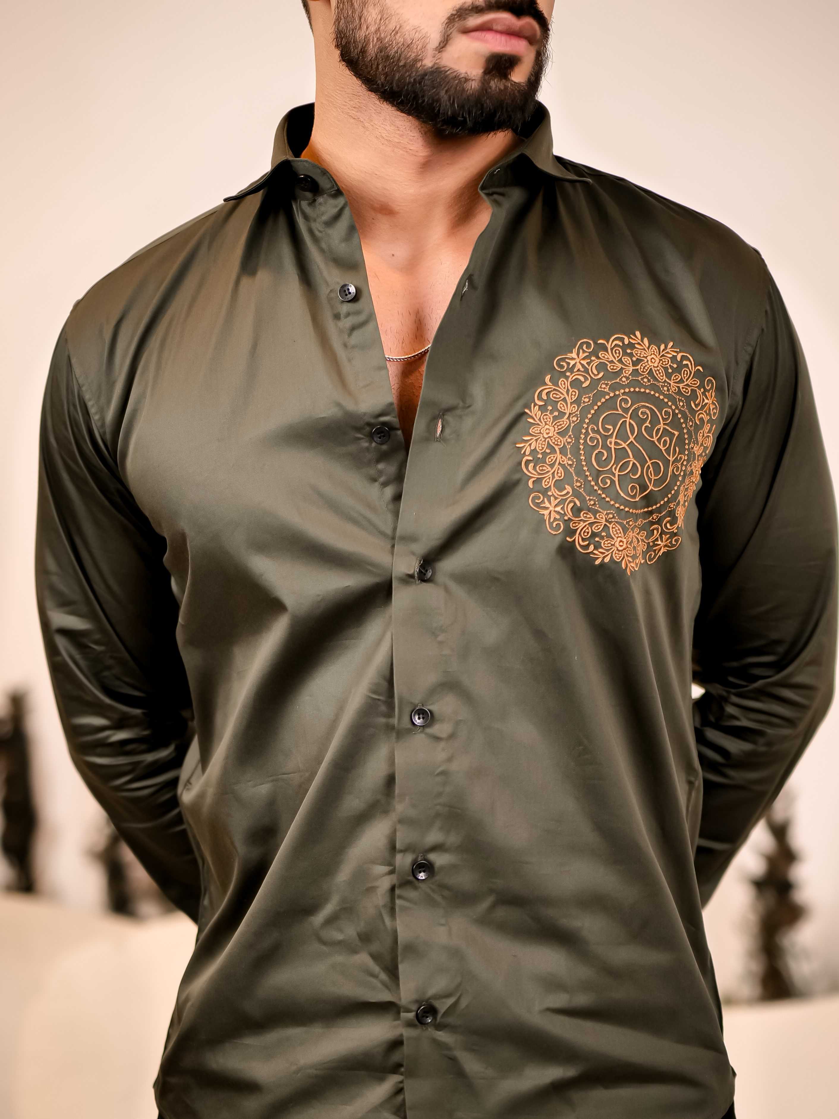 Ancient feel Olive Green Embroidered Club Wear Satin Cotton Shirt