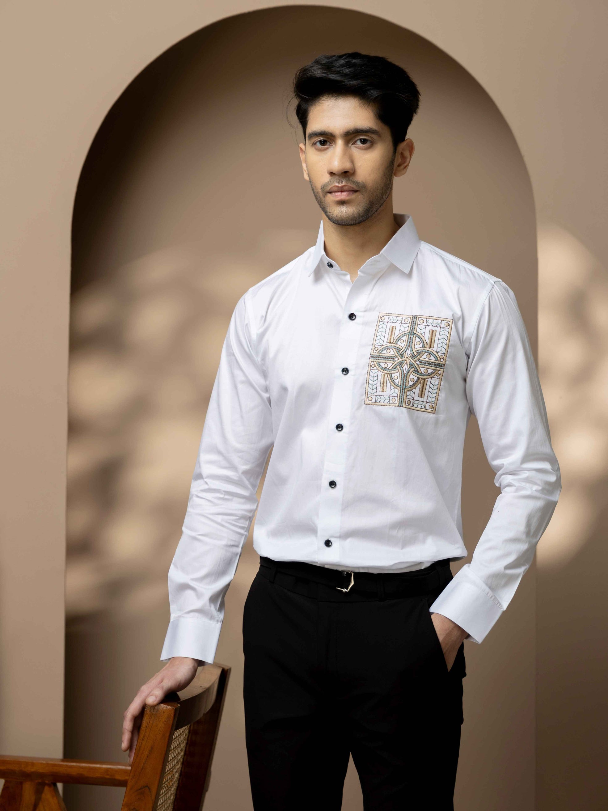FOOMER WHITE GOLDEN EMBROIDERED CLUB WEAR SATIN COTTON SHIRT