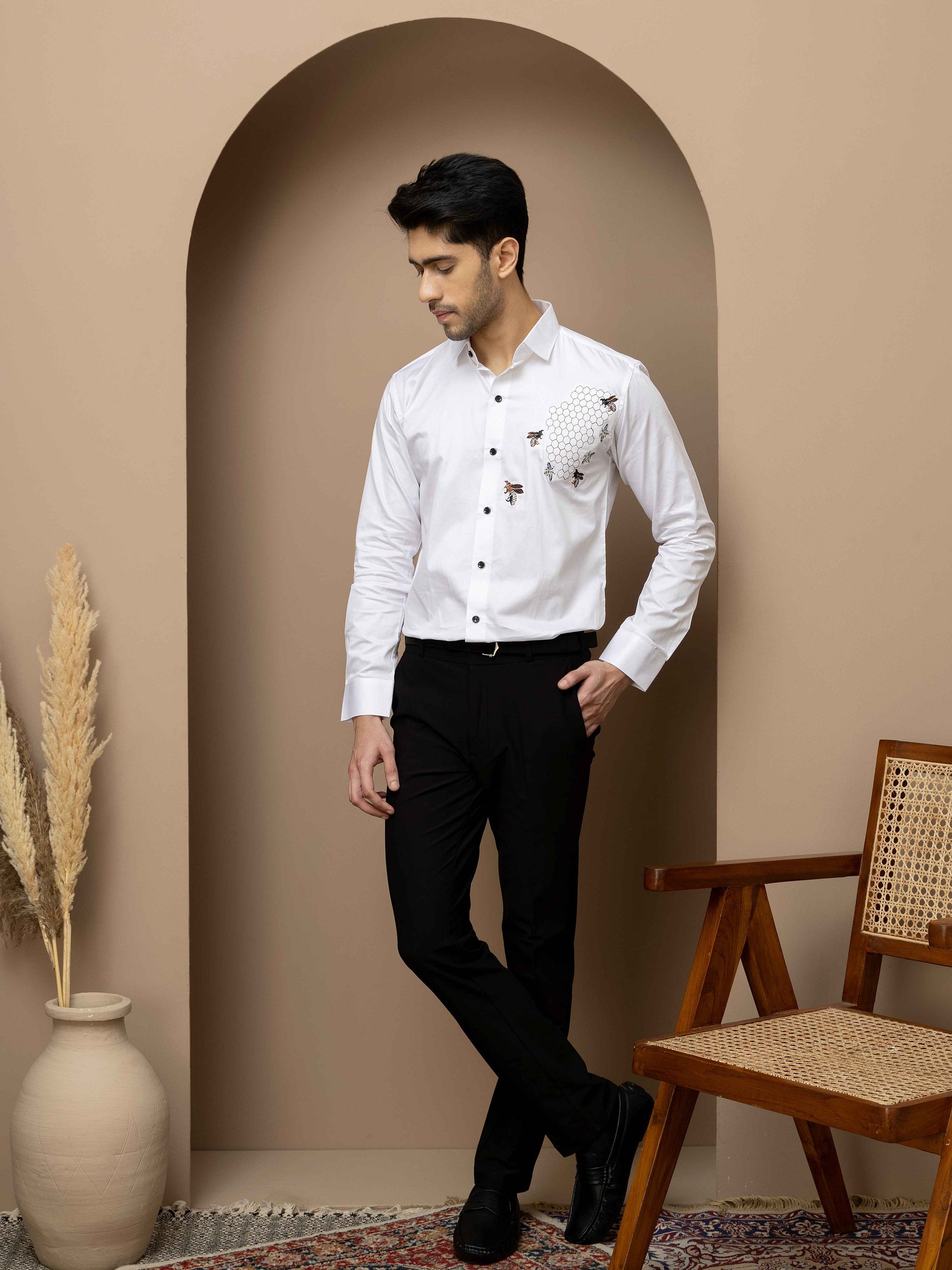 FOOMER WHITE HONEY BEES EMBROIDERED CLUB WEAR SATIN COTTON SHIRT