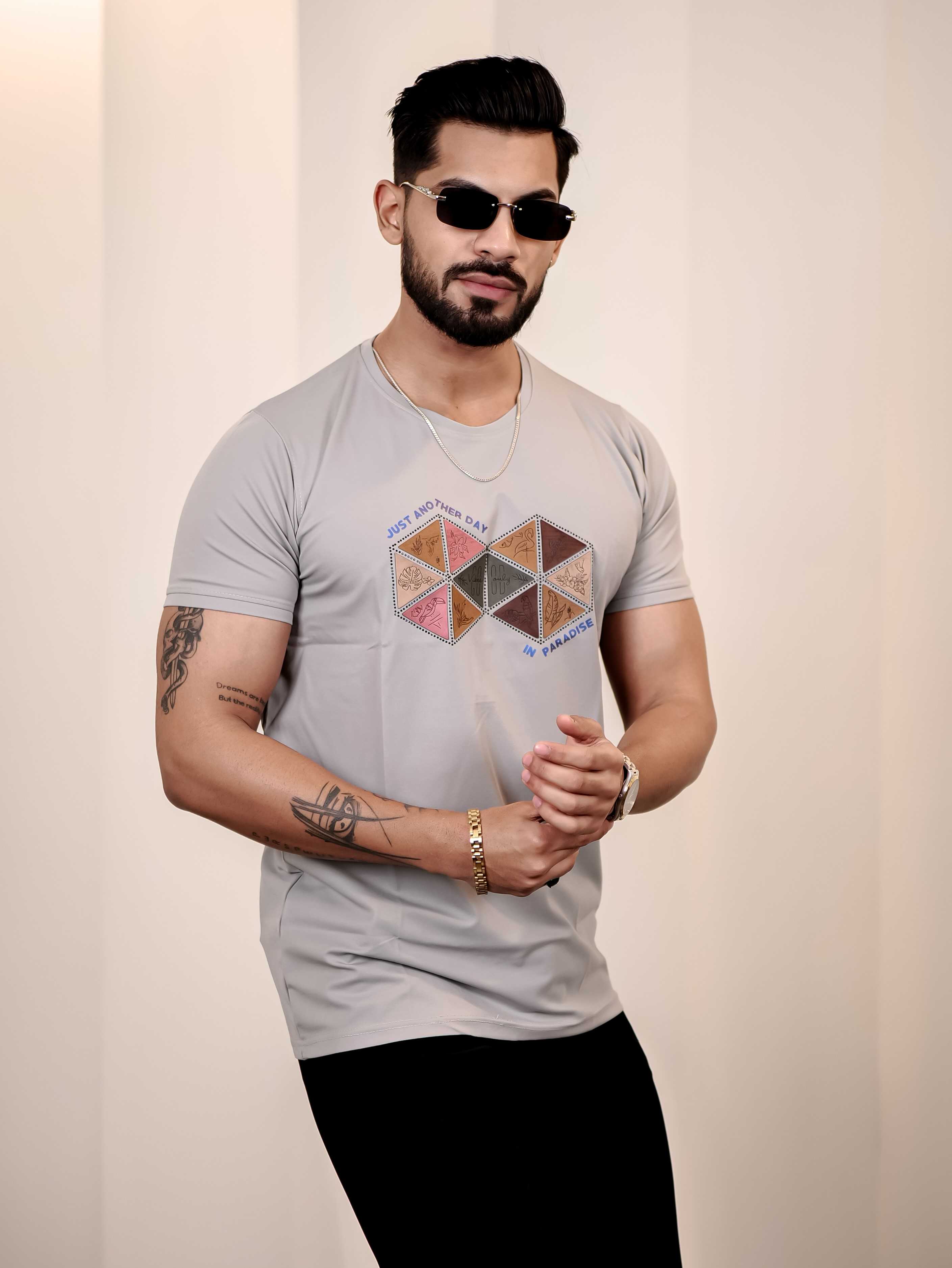 Grey Round Neck Imported Cotton Half Sleeve Premium Designer T-Shirt