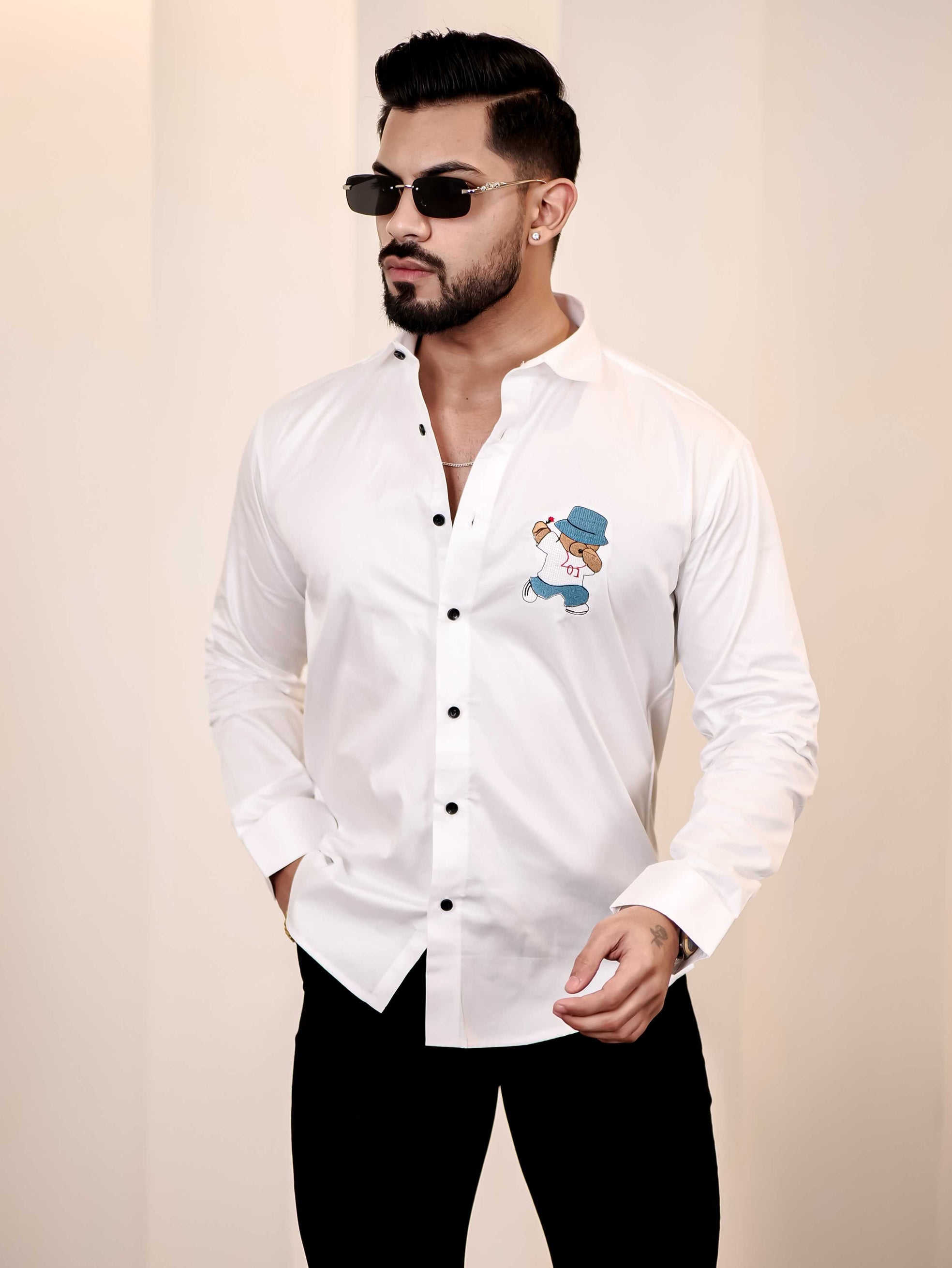 Love Teddy White Embroidered Club Wear Satin Cotton Shirt