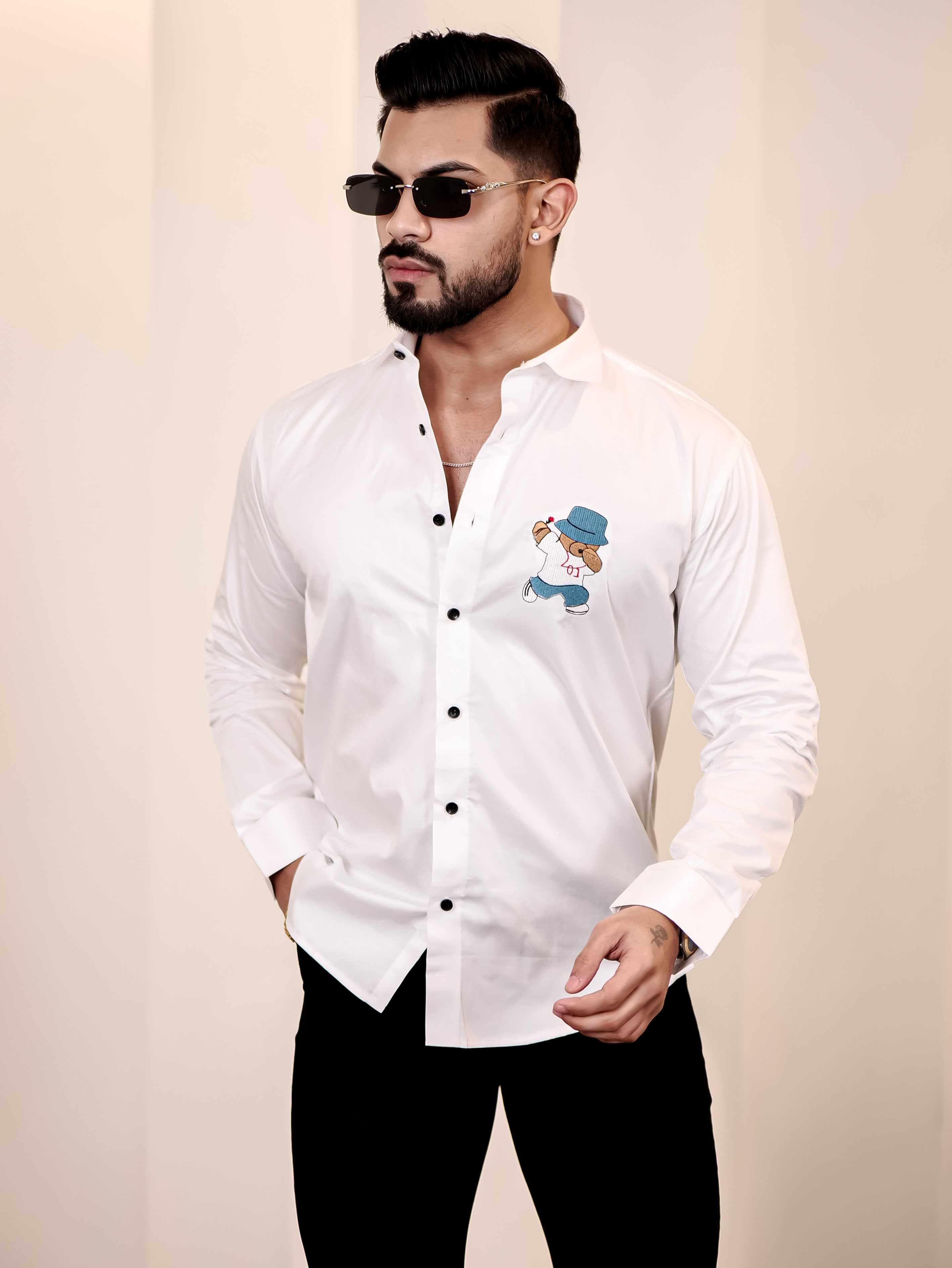 Love Teddy White Embroidered Club Wear Satin Cotton Shirt