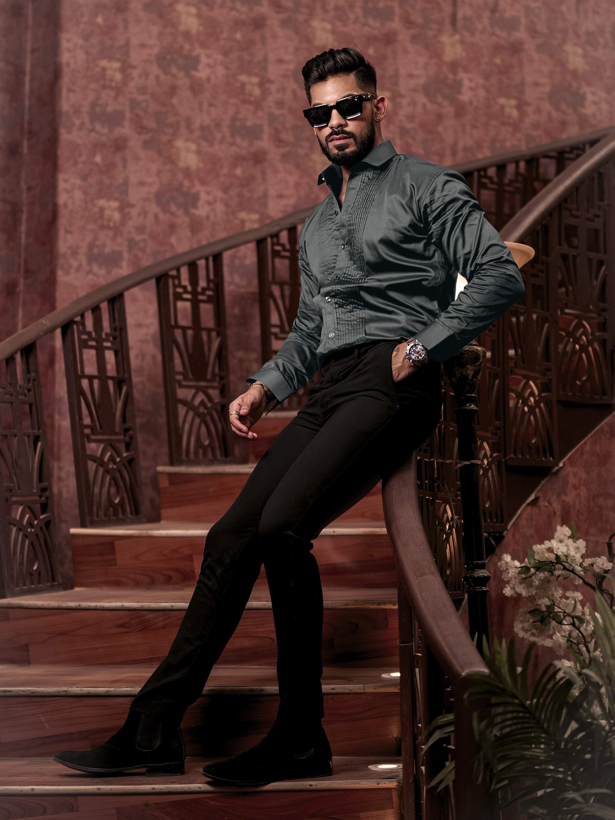 Olive Green Subtle Sheen Tuxedo Premium Giza Satin Cotton Shirt