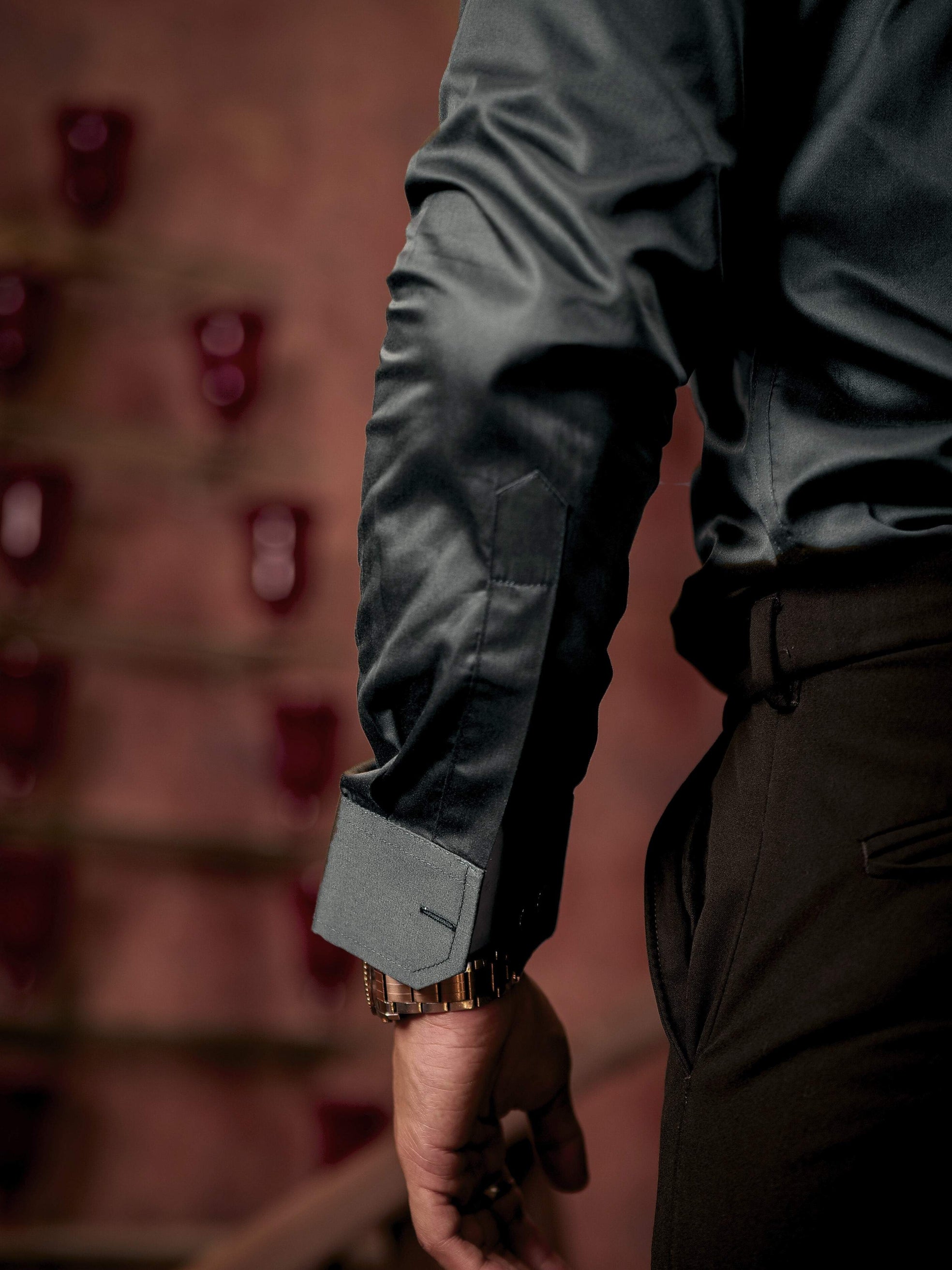 Olive Green Subtle Sheen Tuxedo Premium Giza Satin Cotton Shirt