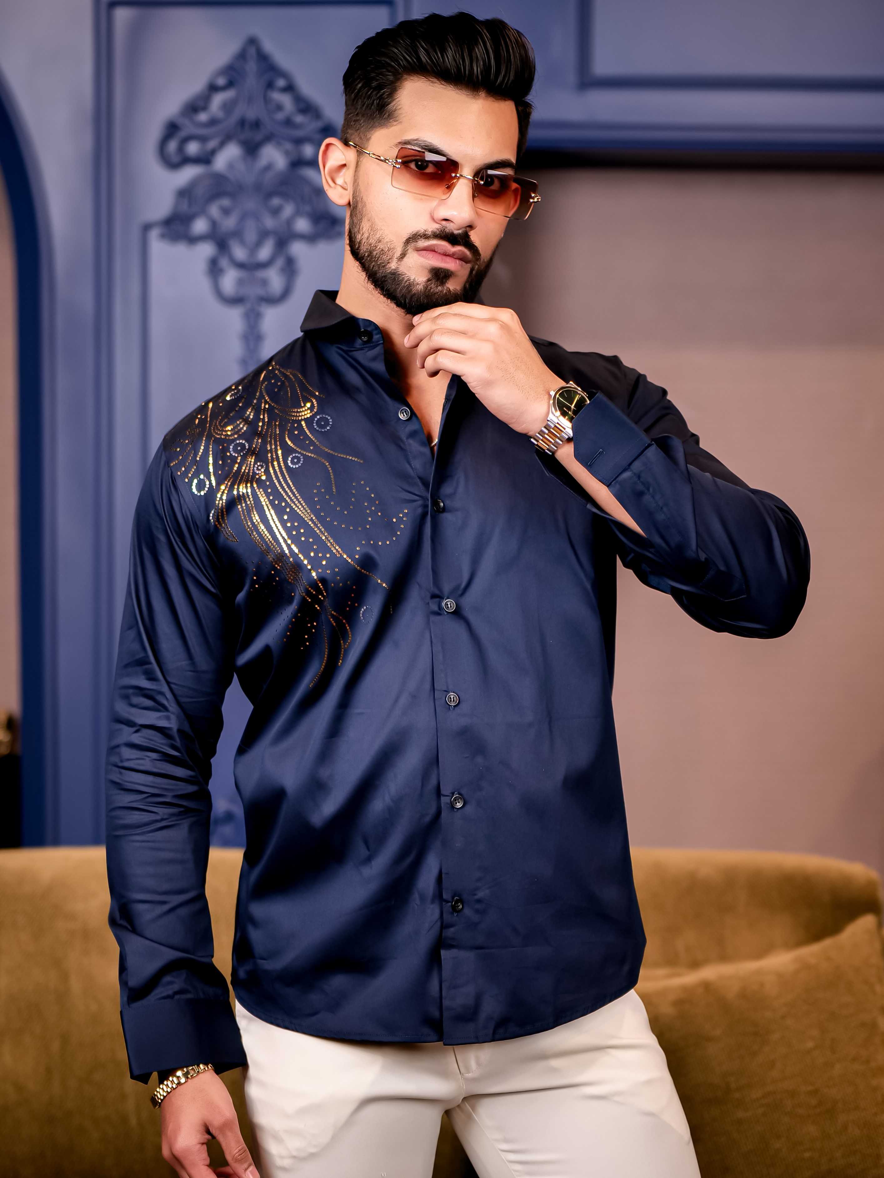 Navy Sequence Club Wear Satin Cotton Party Shirt