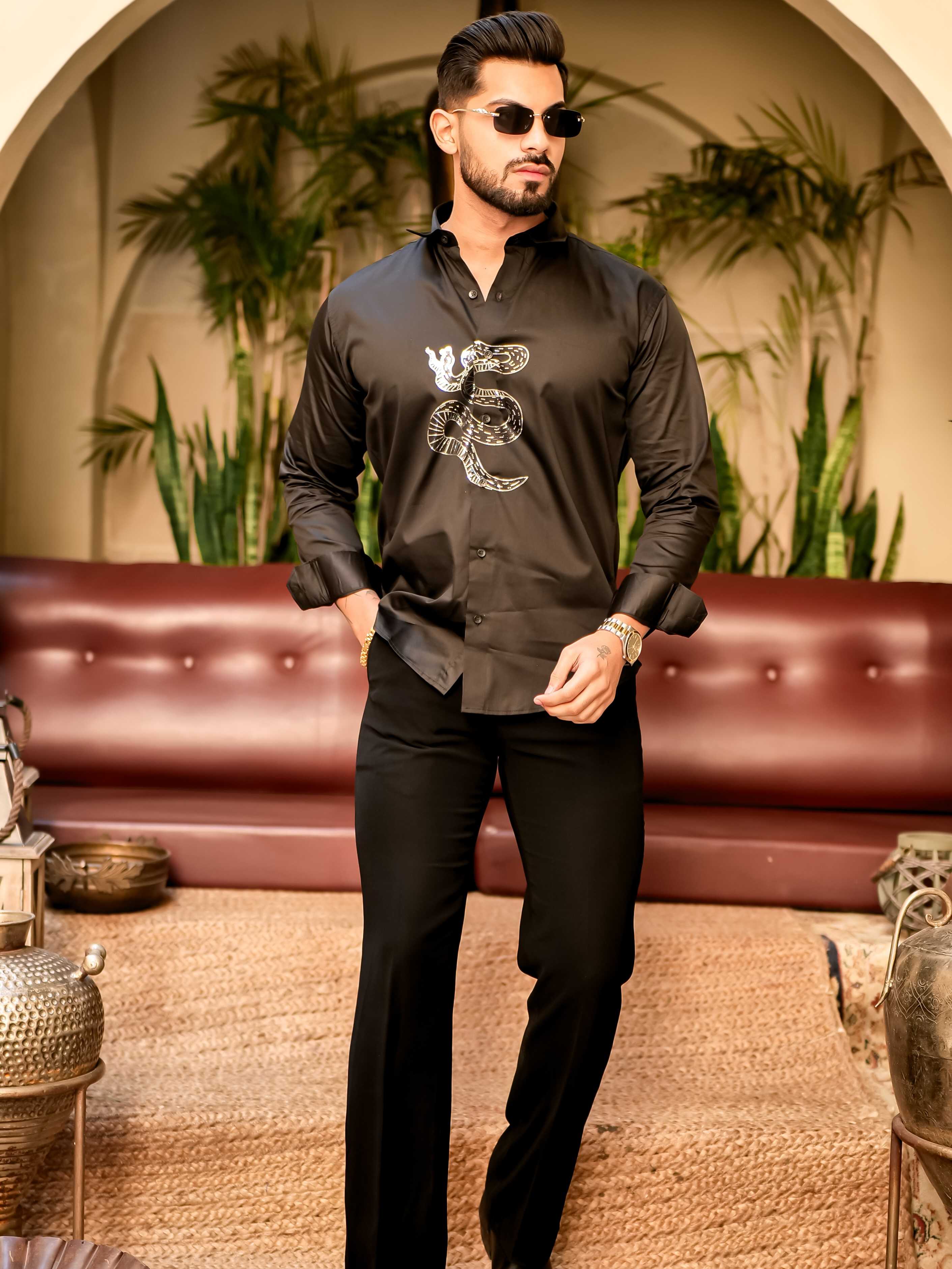 Snake Black Sequence Club Wear Satin Cotton Party Shirt