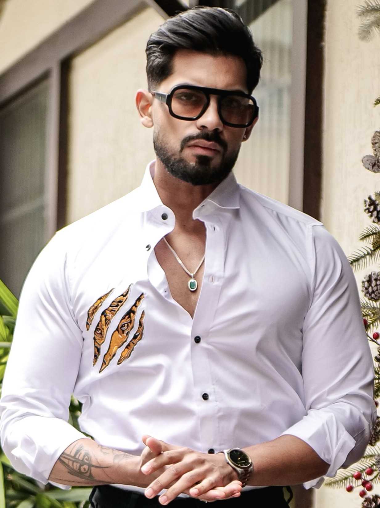 WHITE CLUB WEAR EMBROIDERY SATIN COTTON SHIRT