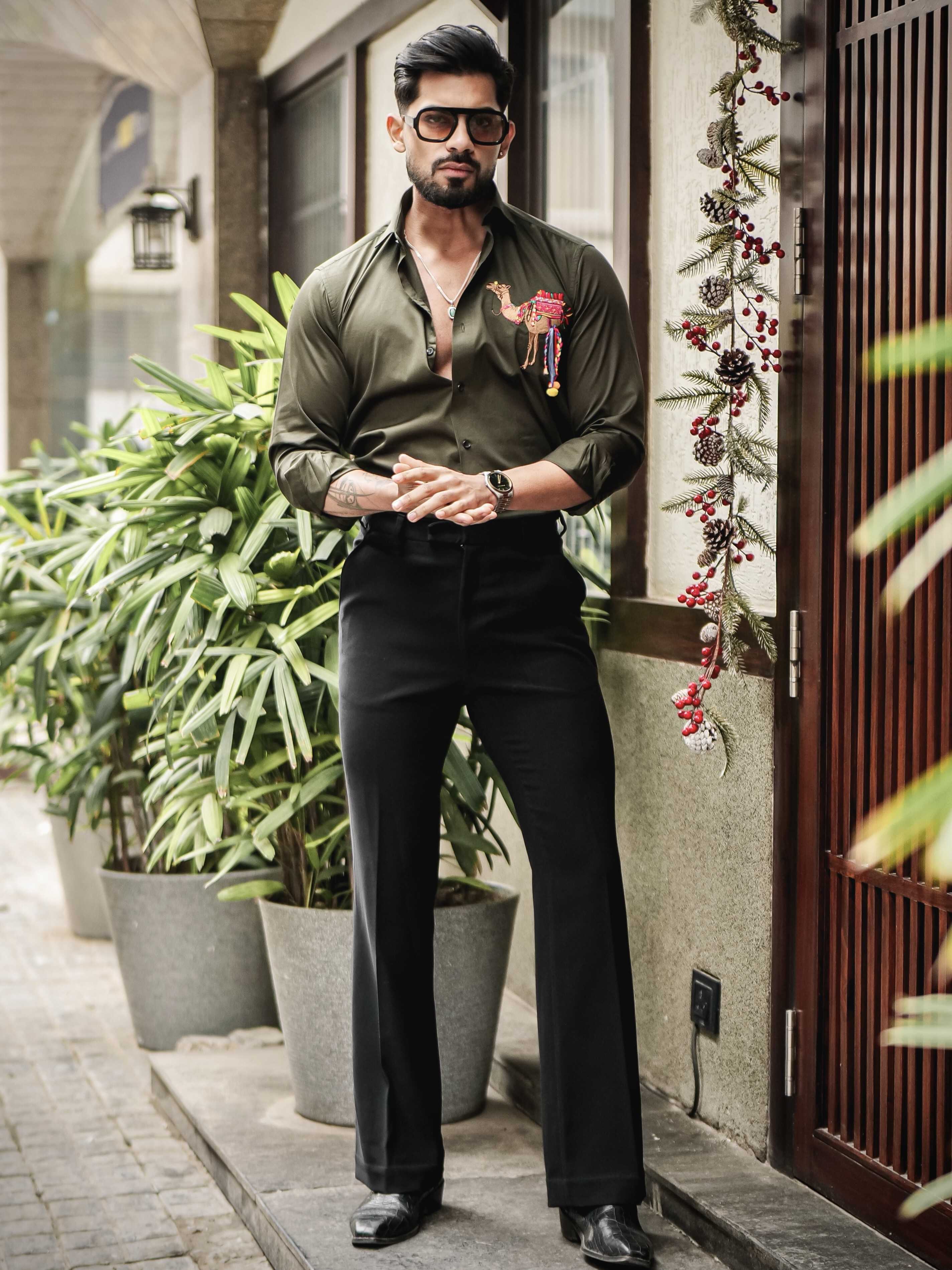 OLIVE CAMEL EMBROIDERED DESIGNER SATIN COTTON SHIRT FOR MEN'S – The Foomer