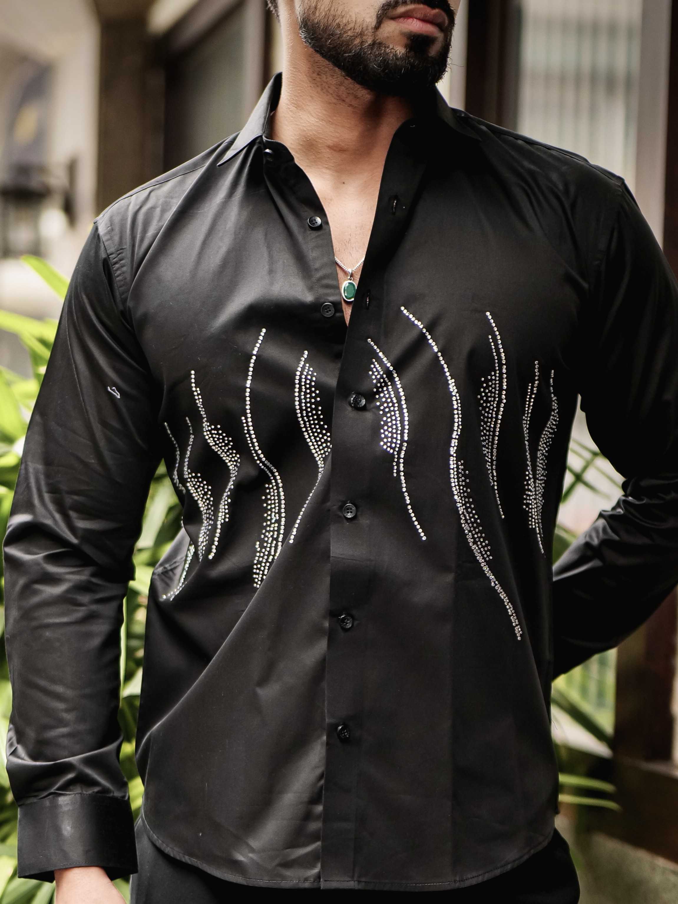 BLACK WAVE STARRY BEADED SATIN COTTON PREMIUM PARTY SHIRT
