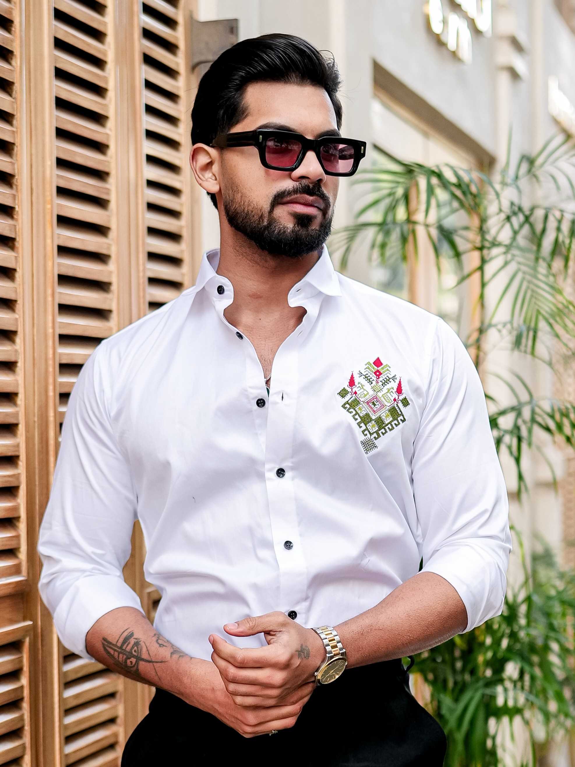 WHITE EMBROIDERED DESIGNER SATIN COTTON SHIRT FOR MEN'S