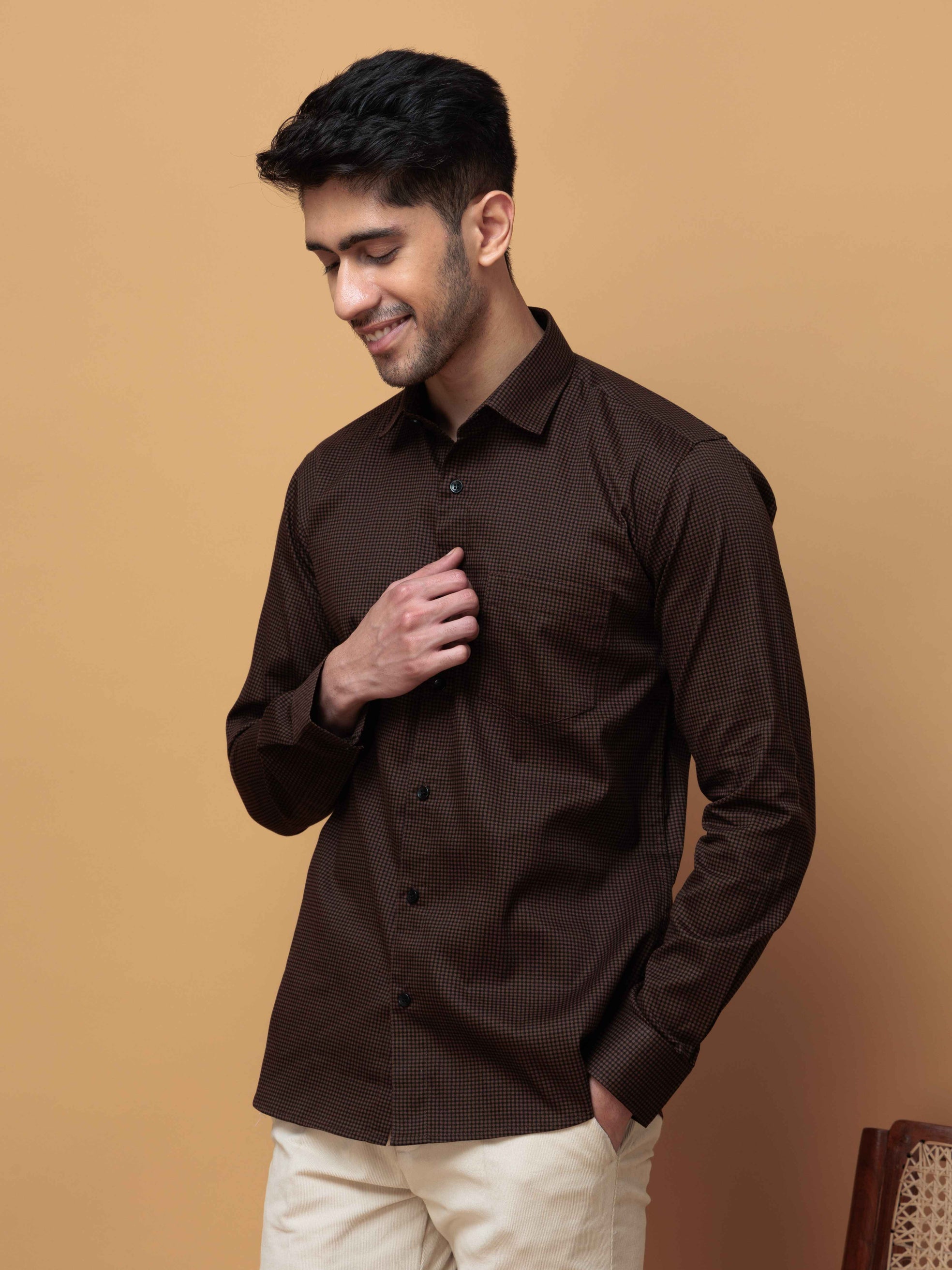 FOOMER BROWN MINI CHECKED COTTON CASUAL SHIRT FOR MEN'S