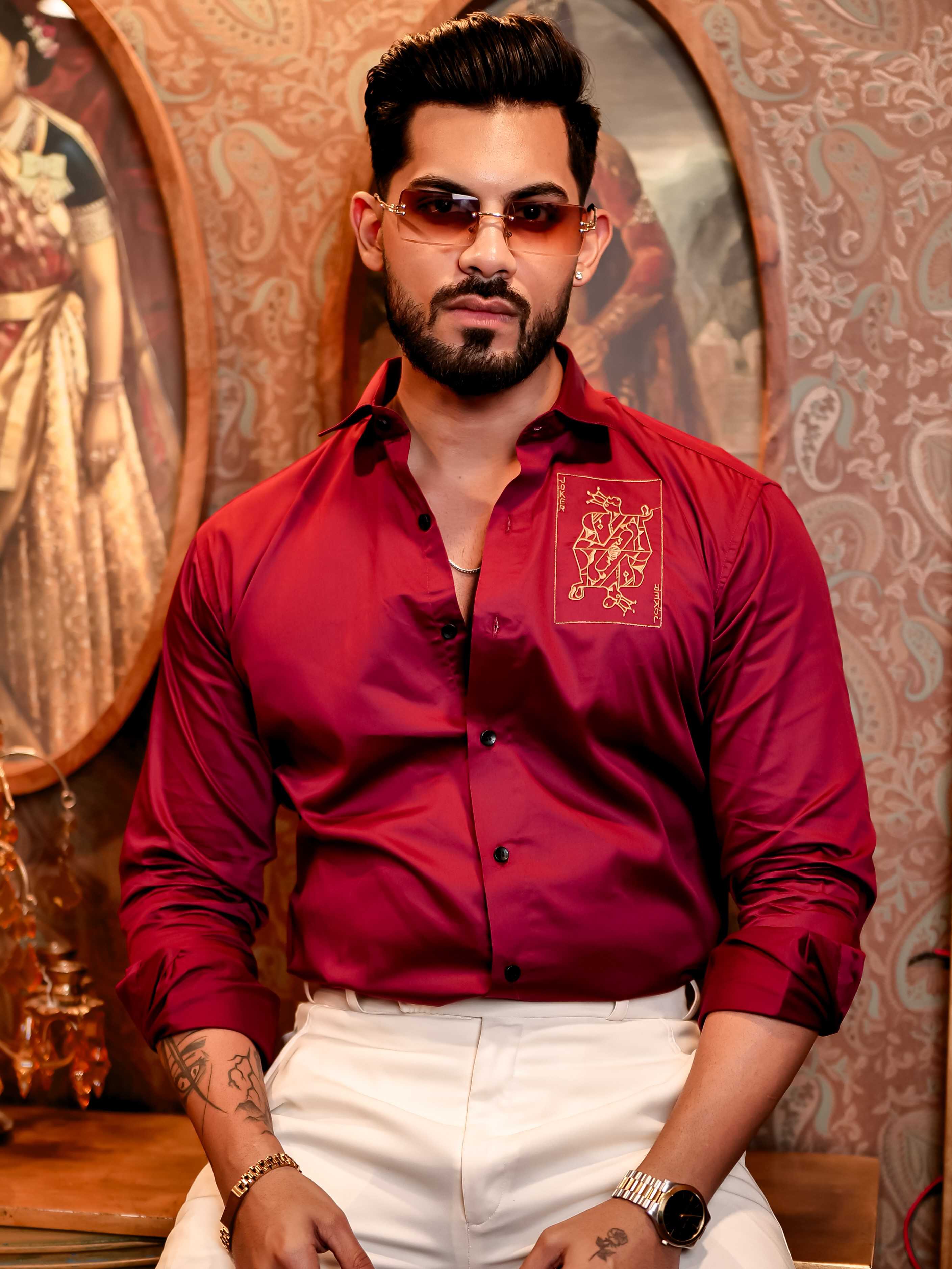 Joker Maroon Embroidered Club Wear Satin Cotton Shirt