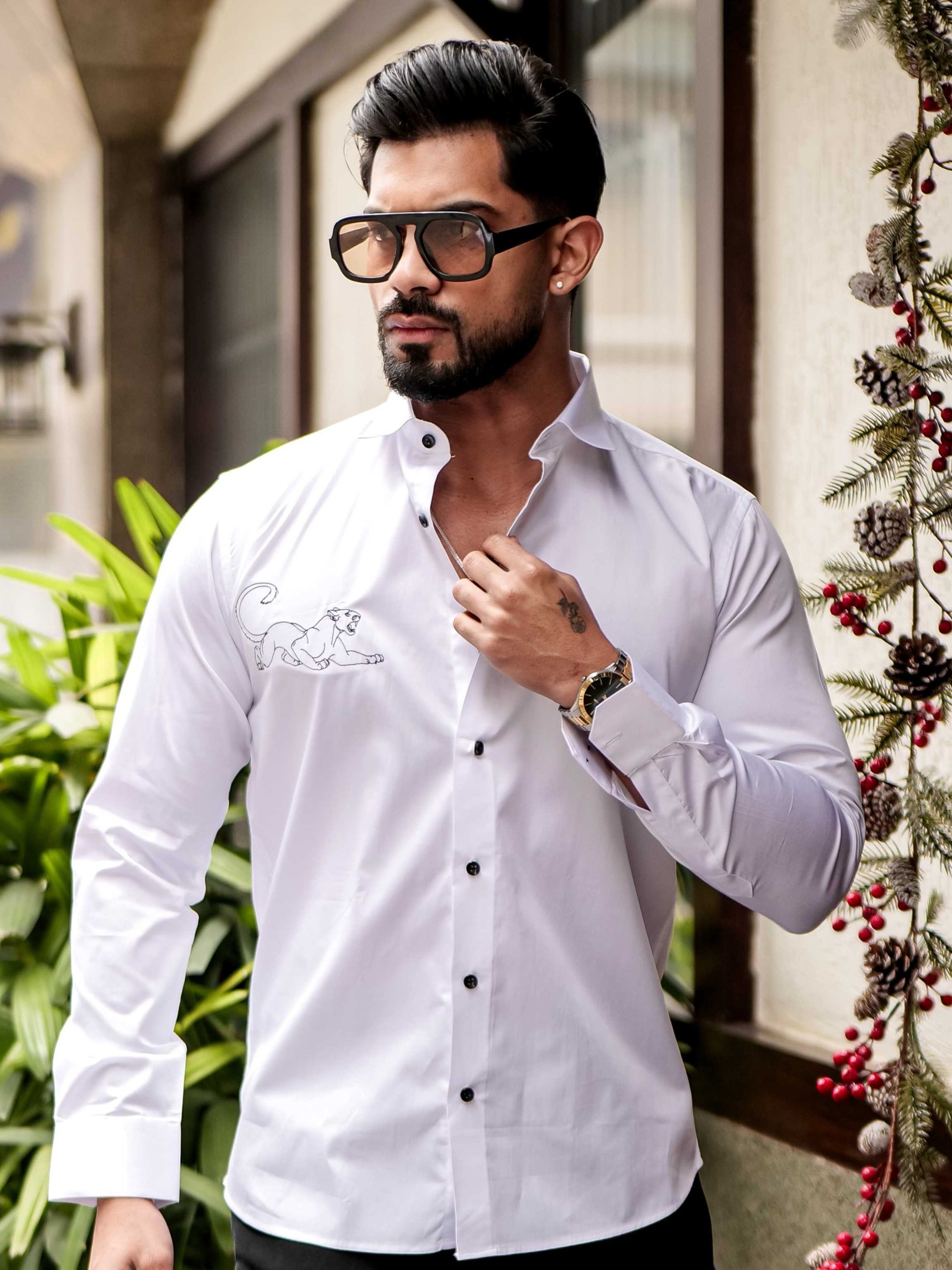 WHITE EMBROIDERED DESIGNER SATIN COTTON SHIRT FOR MEN'S